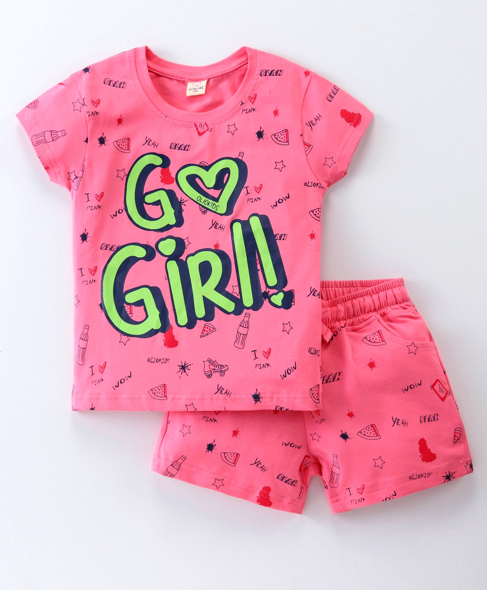 Olio Kids Cotton Lycra Half sleeves Night Suit with Tropical & Text Print - Pink-image-32