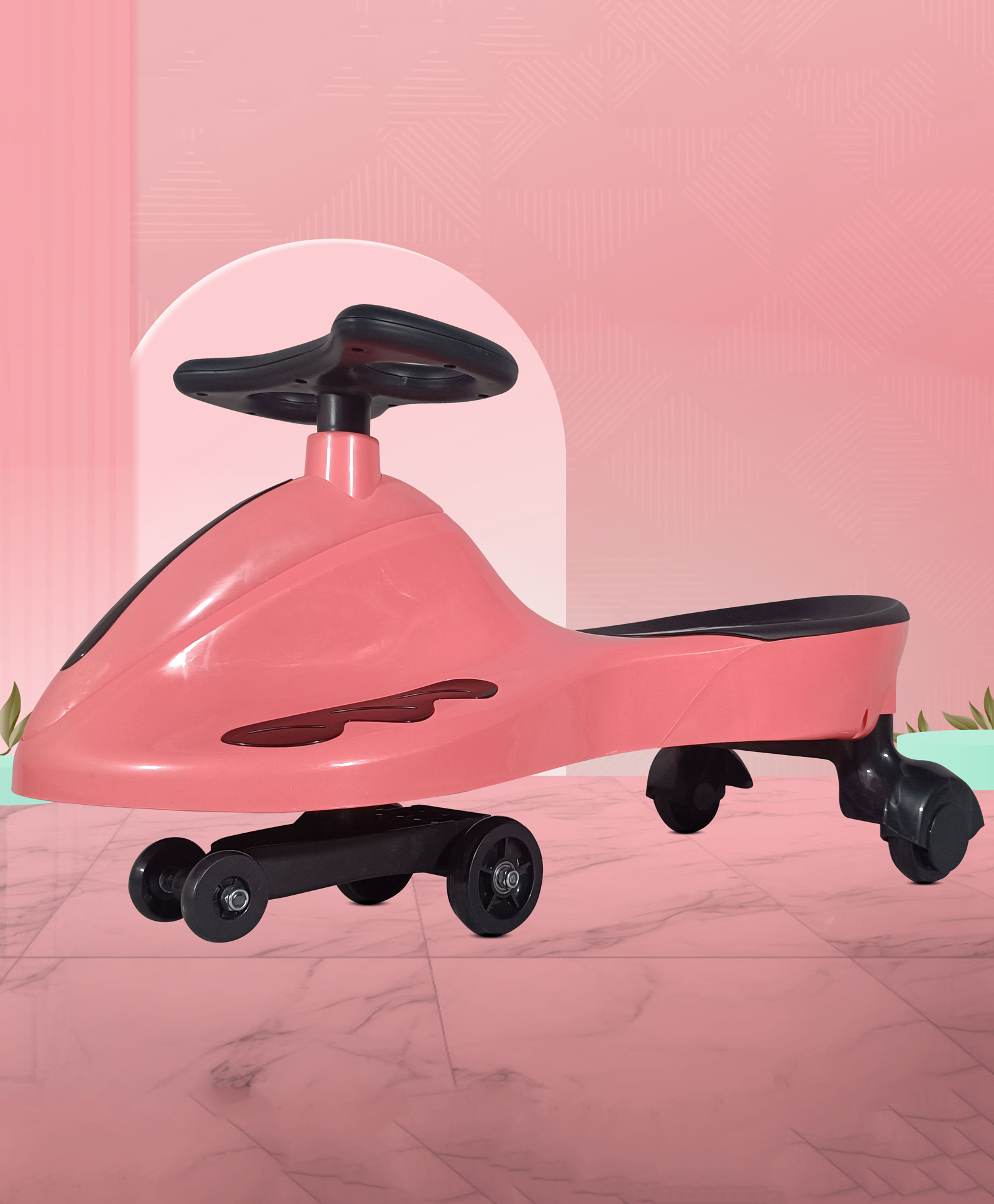 Kidsmate Drift Swing Car for Kids - Ride-On Toy with PU Wheels, Non-Slip Pedals, and 360° Rotating Steering For Easy Navigate the Car for Ages 3 and Up -Radish Pink-image-2