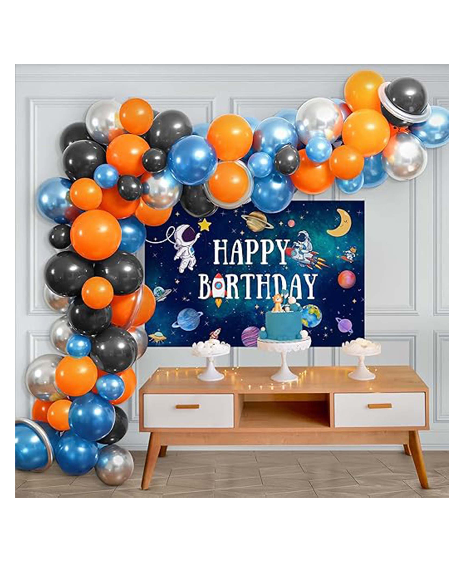 Special You Pack of 79 Items Space Theme Birthday Decoration Items includes Metallic Blue, Silver, Orange and Black Balloons with Space Theme Poster and Silver Long Balloon-image-12