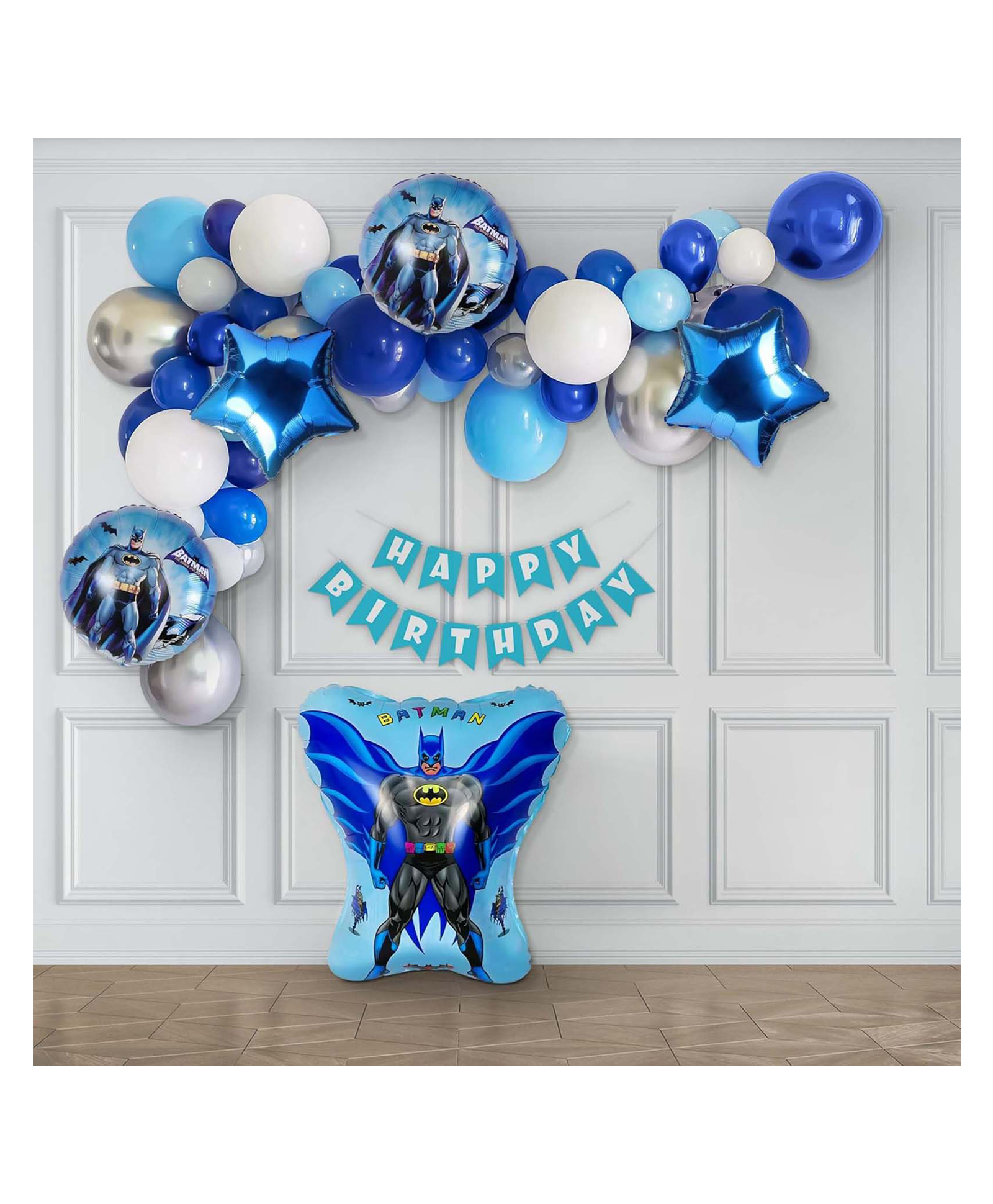 Special You Pack of 49 Items Batman Theme Birthday Decoration Items for Boys includes Metallic Blue, White, Silver Chrome & Pastel Blue Balloons with Batman Theme Foil Balloon Set-image-1