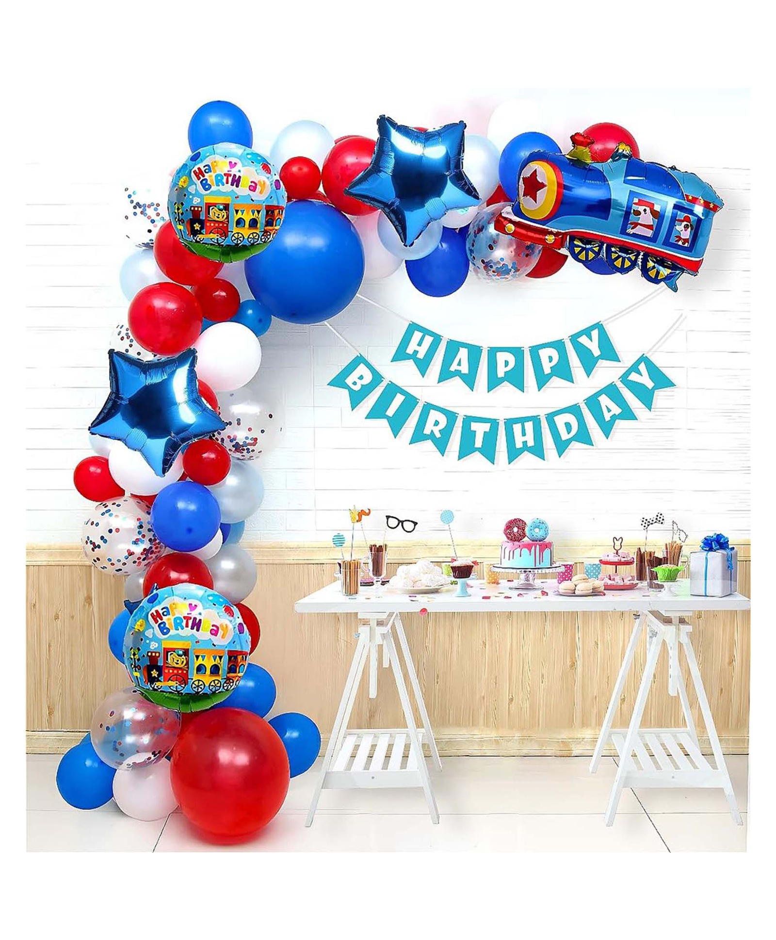 Special You Train Theme Birthday Decoration Items for Boys with Metallic Dark & Light Blue, Red and white balloons for decoration & Train Foil Balloon set, vehicle theme birthday decoration- 63 Pcs-image-18
