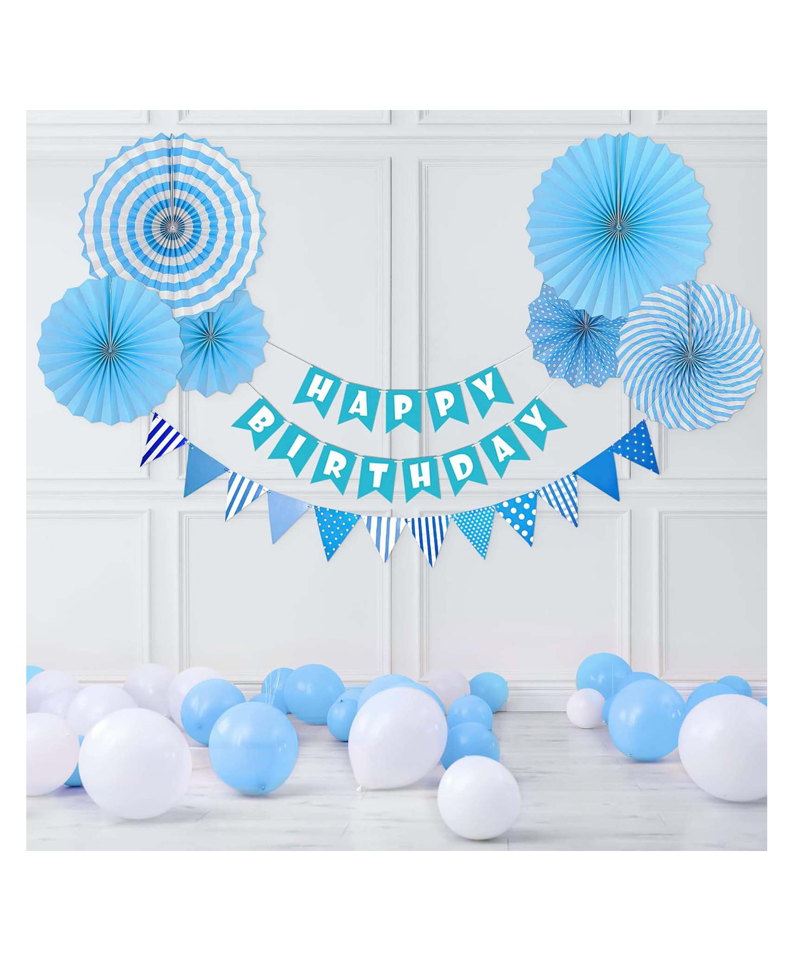 SpecialYou Blue and White Theme Birthday decoration item kit for boys with Blue and white combo Paper Fans, Flags and Balloons with a blue v-cut happy birthday banner - 28 Items-image-43