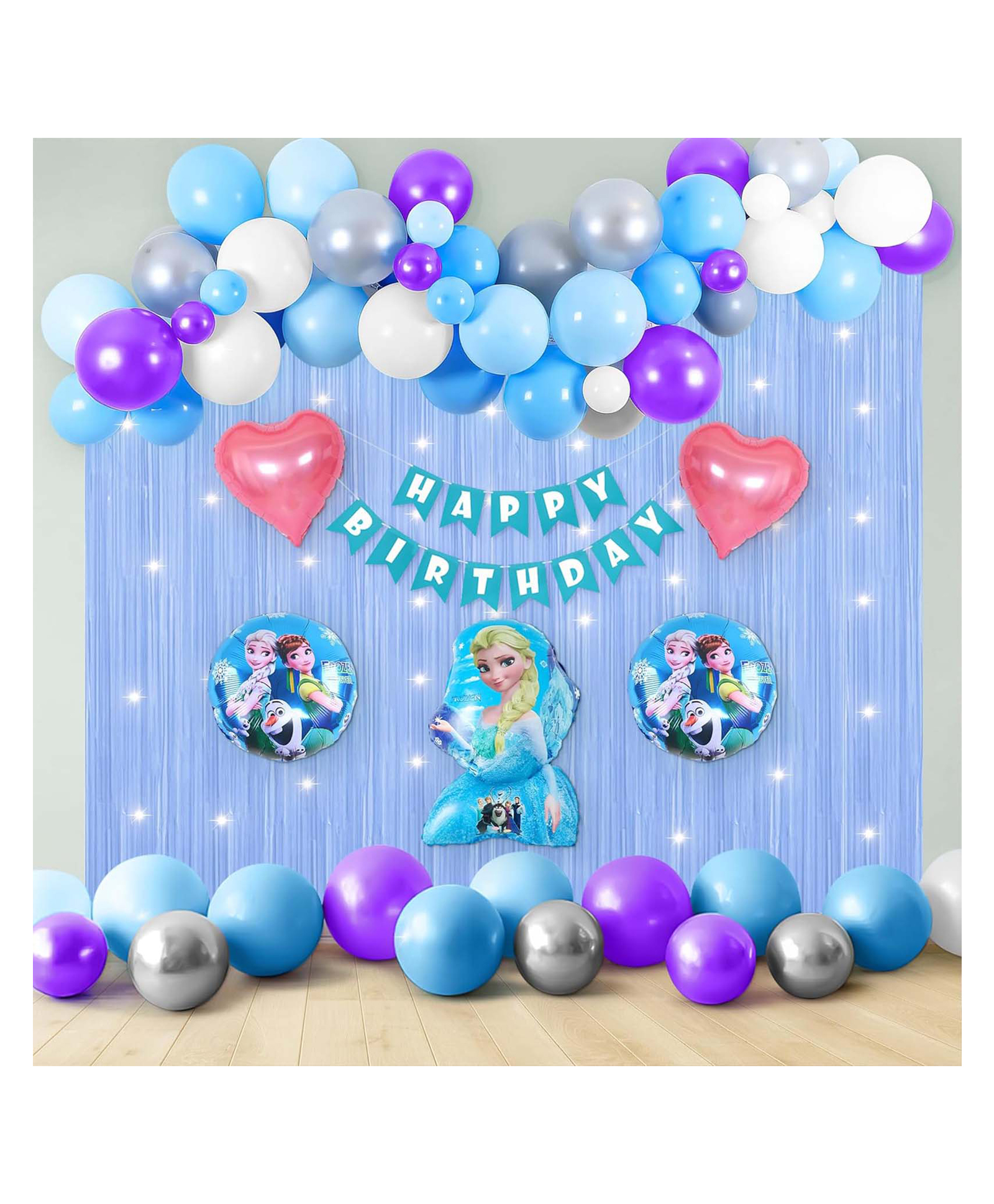 Special You Frozen Theme Happy Birthday Decoration Kit for Girls with Blue Fringe Curtains, Fairy Lights,Blue,White,Silver,Purple Balloons and Frozen Foil Balloon,elsa birthday decor - Set of 67 Items-image-24