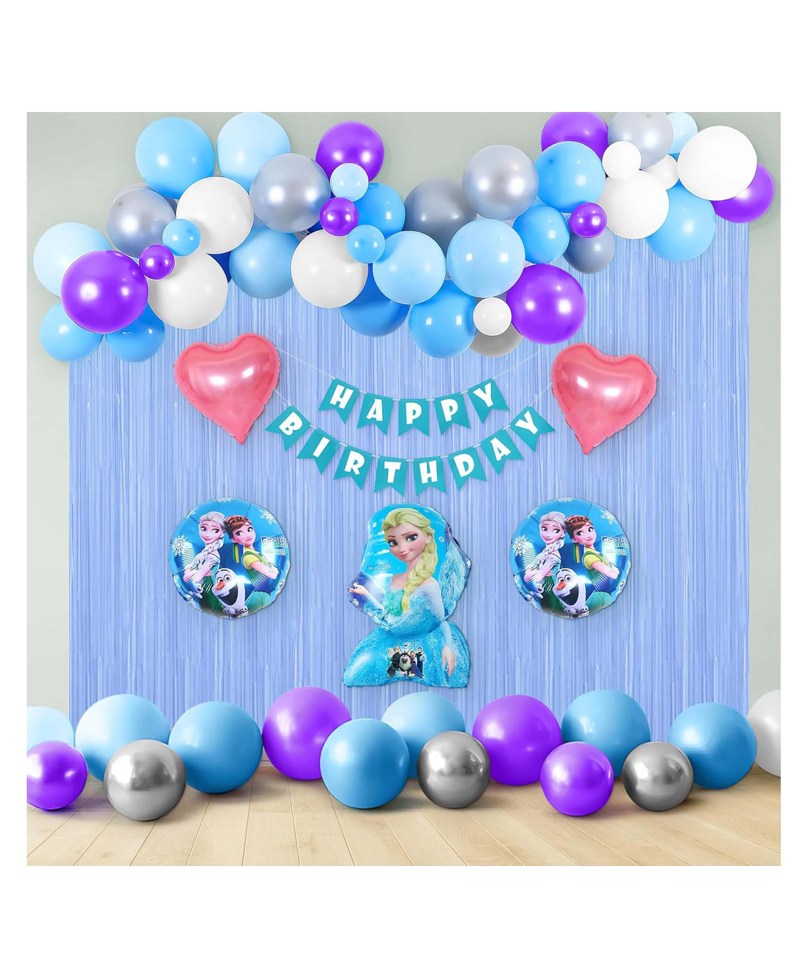 SpecialYou Frozen Theme Birthday Decoration Items for Girls with Frozen Foil Balloons, Blue Fringe Curtains with White,Purple,Blue&Metallic Balloon with Blue HBD Banner for birthday decor- 70 Items-image-27