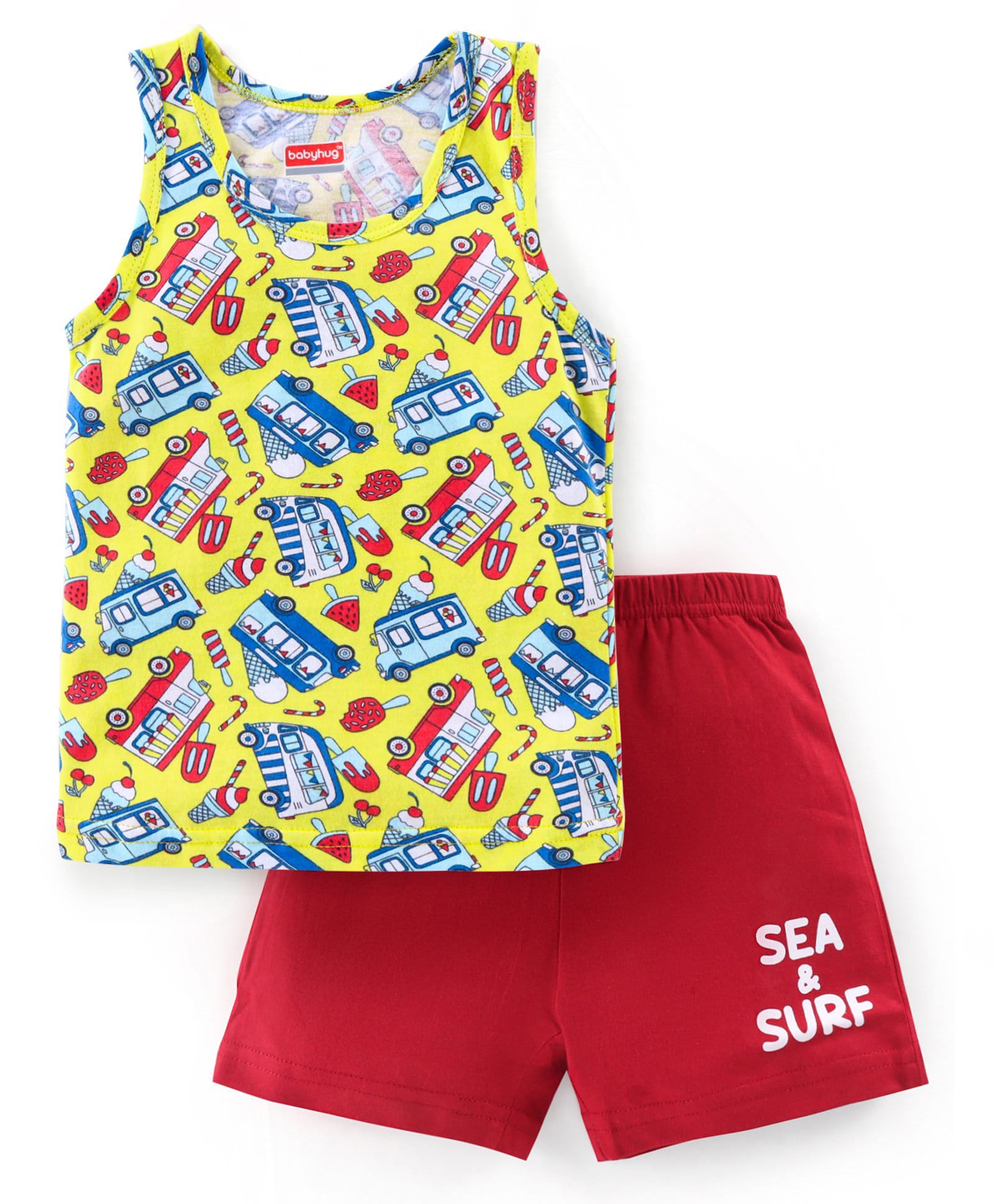 Babyhug 100% Cotton Single Jersey Sleeveless Sando Shorts Set With Cars & Text Print - Multicolour-image-6