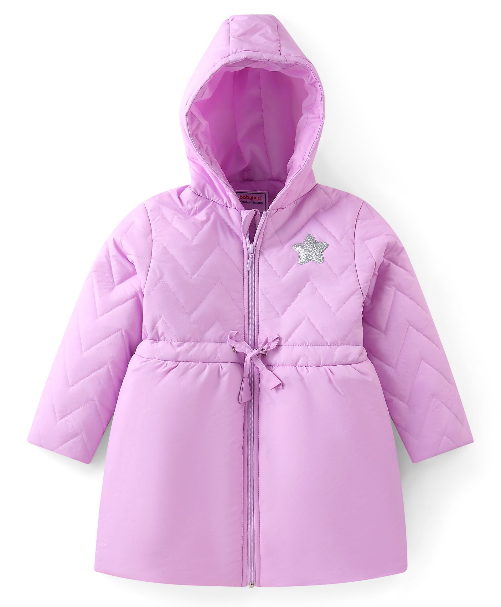 Babyhug Woven Full Sleeves Padded Hooded Coat with Quilted Design & Star Patch Detailing - Mauve-image-21