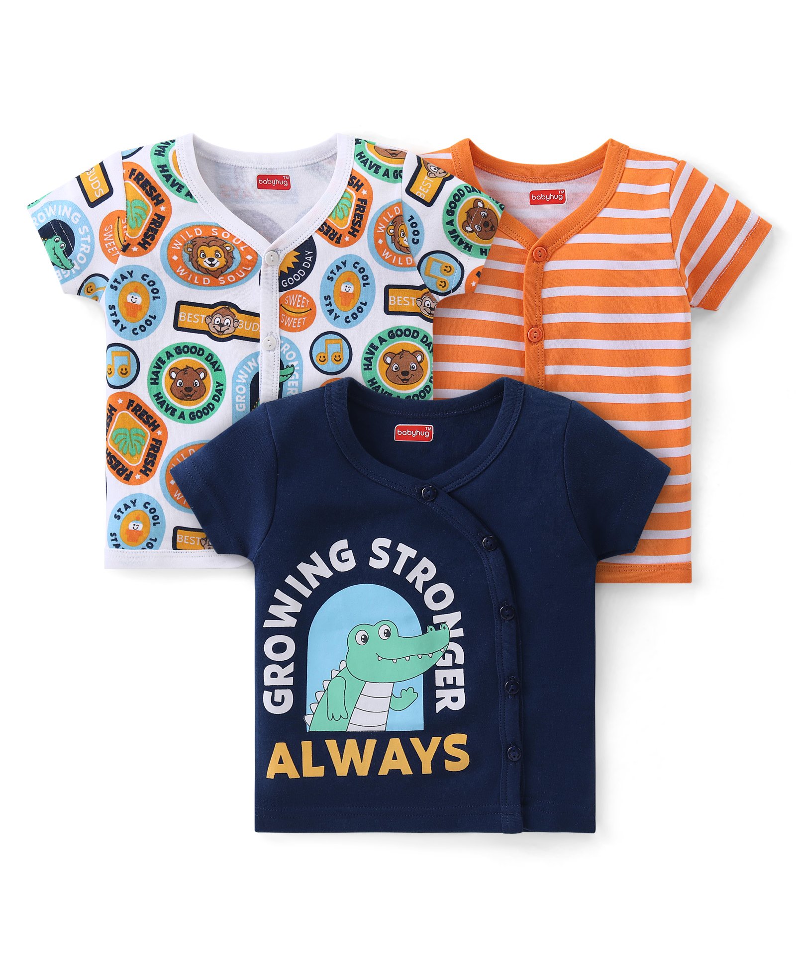 Babyhug 100% Cotton Knit Half Sleeves Striped & Printed Set Of Vests Pack Of 3 - Multicolor-image-16