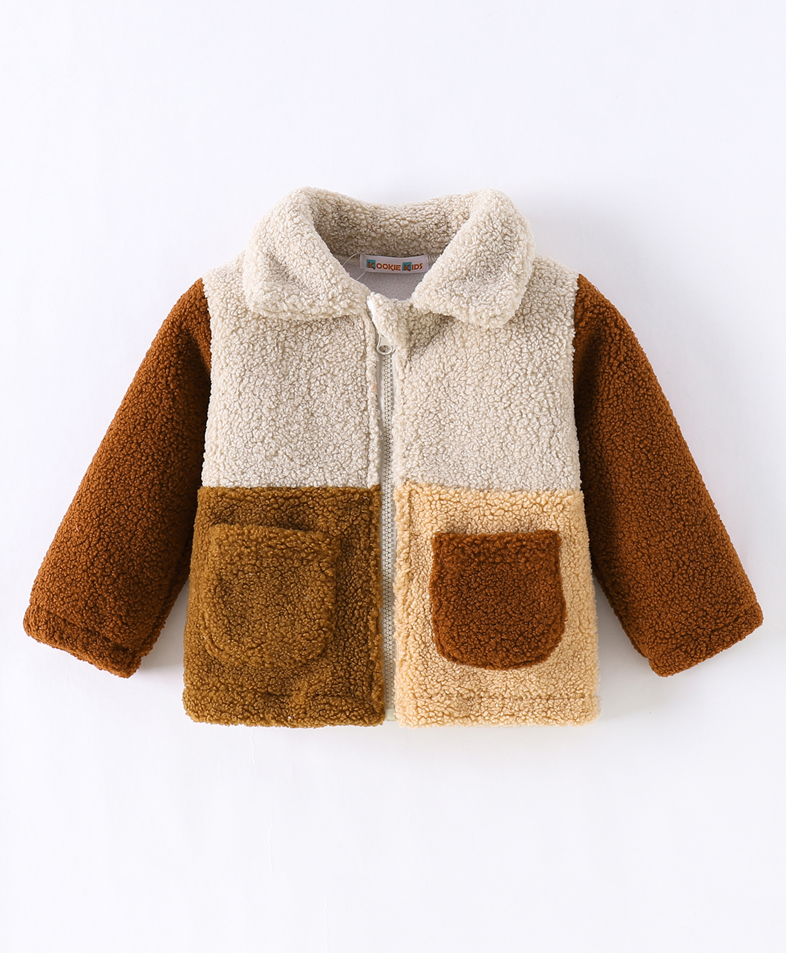 Kookie Kids Full Sleeves Collar Neck Front Open Fur Jacket With Colour Block Design - Brown-image-39