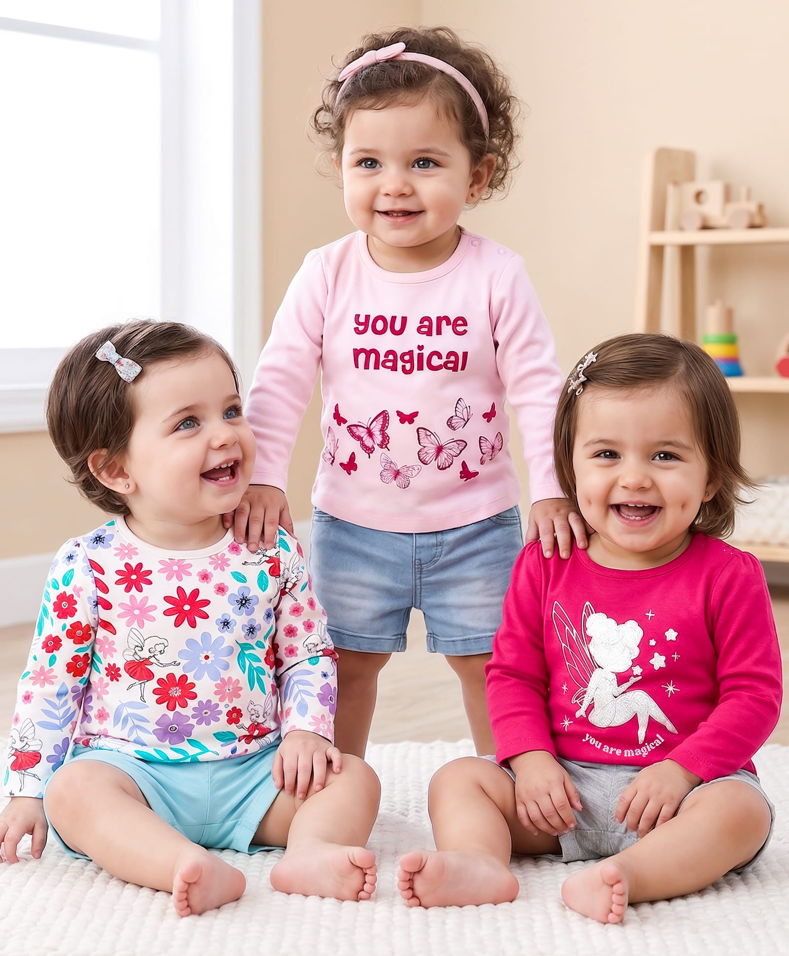 Babyoye 100% Cotton Full Sleeves Floral & Butterfly Printed Tops Pack of 3 - Pink & White-image-9