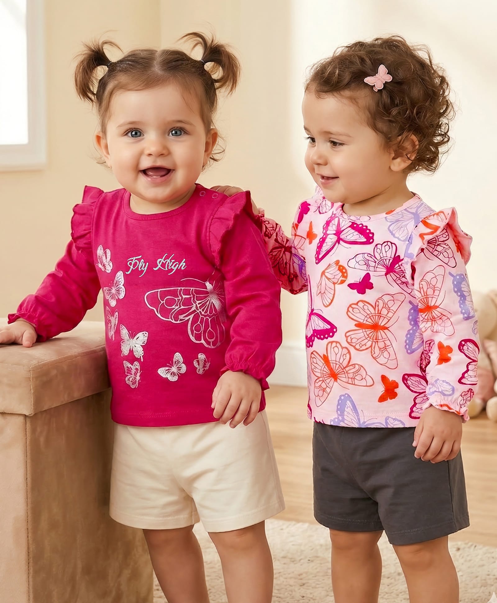 Babyoye 100% Cotton Full Sleeves  Butterfly Printed Tops Pack of 2 -  Pink & White-image-45