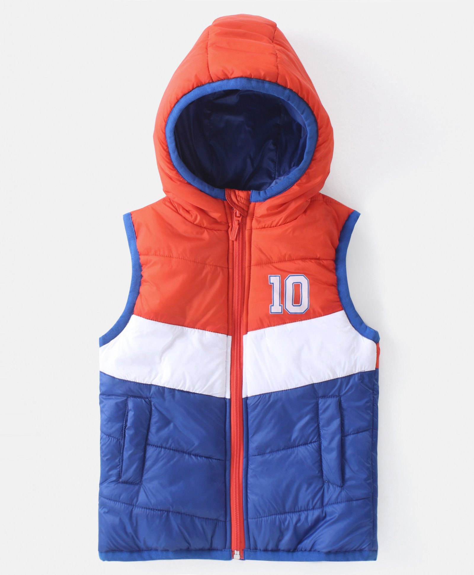 Babyhug Sleeveless Colour Block Padded Hooded Jacket With Embroidery Detailing - Red & Blue-image-14