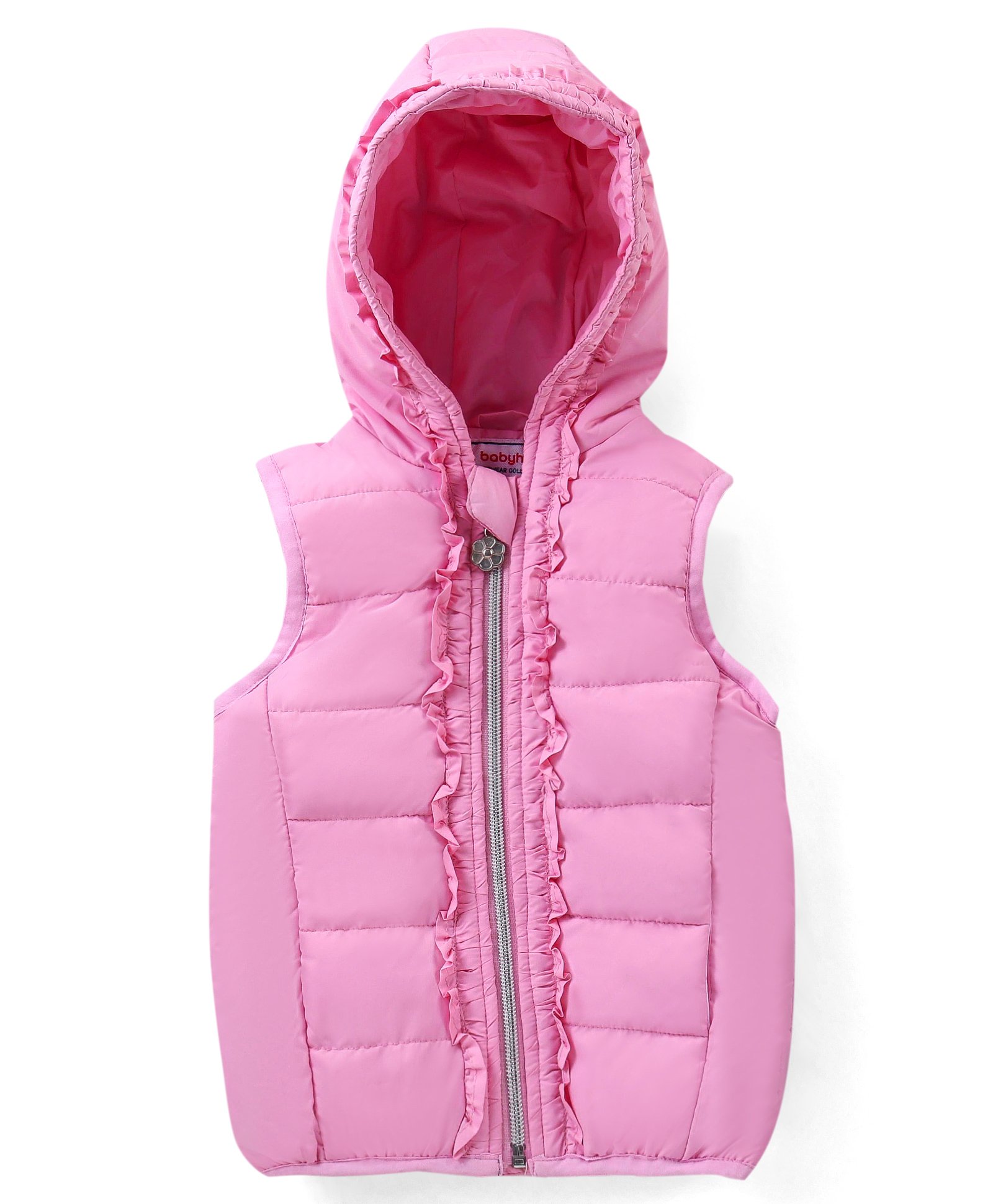 Babyhug Sleeveless Solid Colour Padded Hooded Jacket With Frill Detailing - Pink-image-28
