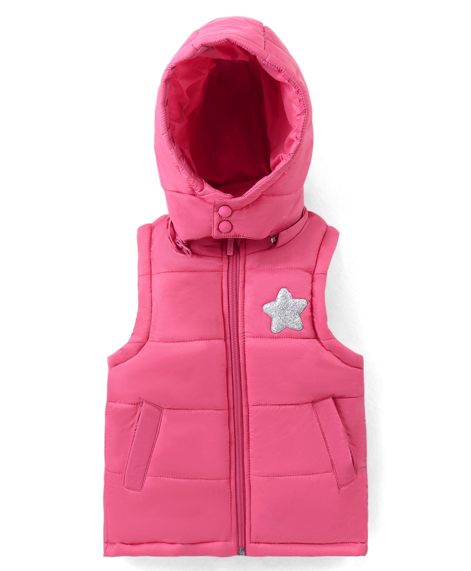 Babyhug Sleeveless Solid Colour Padded Hooded Jacket With Star Patch Detailing - Pink-image-37