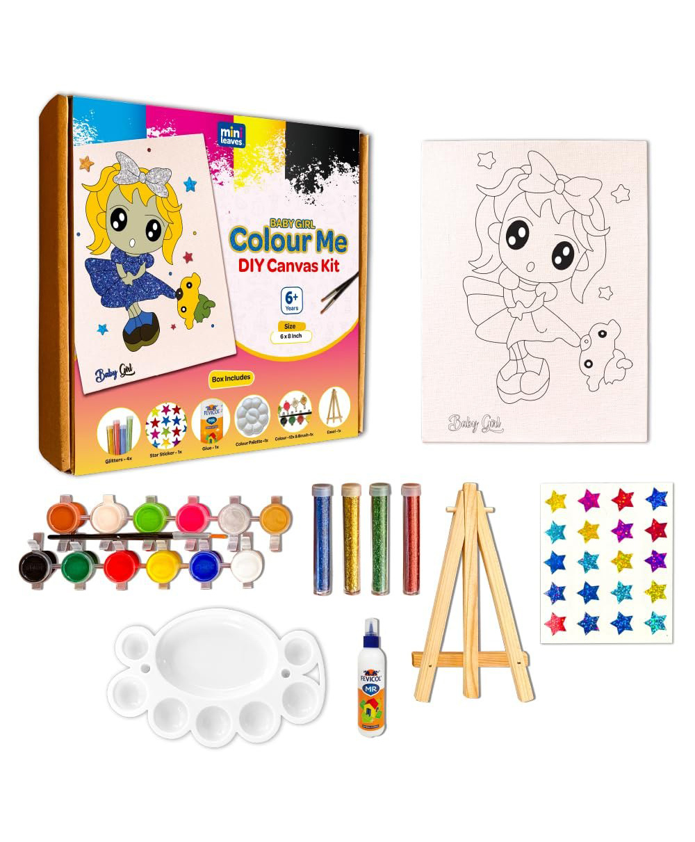 Mini Leaves Colour Me Baby Girl DIY Canvas Art Kit 8 x 6 Inch with Wooden Easel, Premium Paint kit-image-49