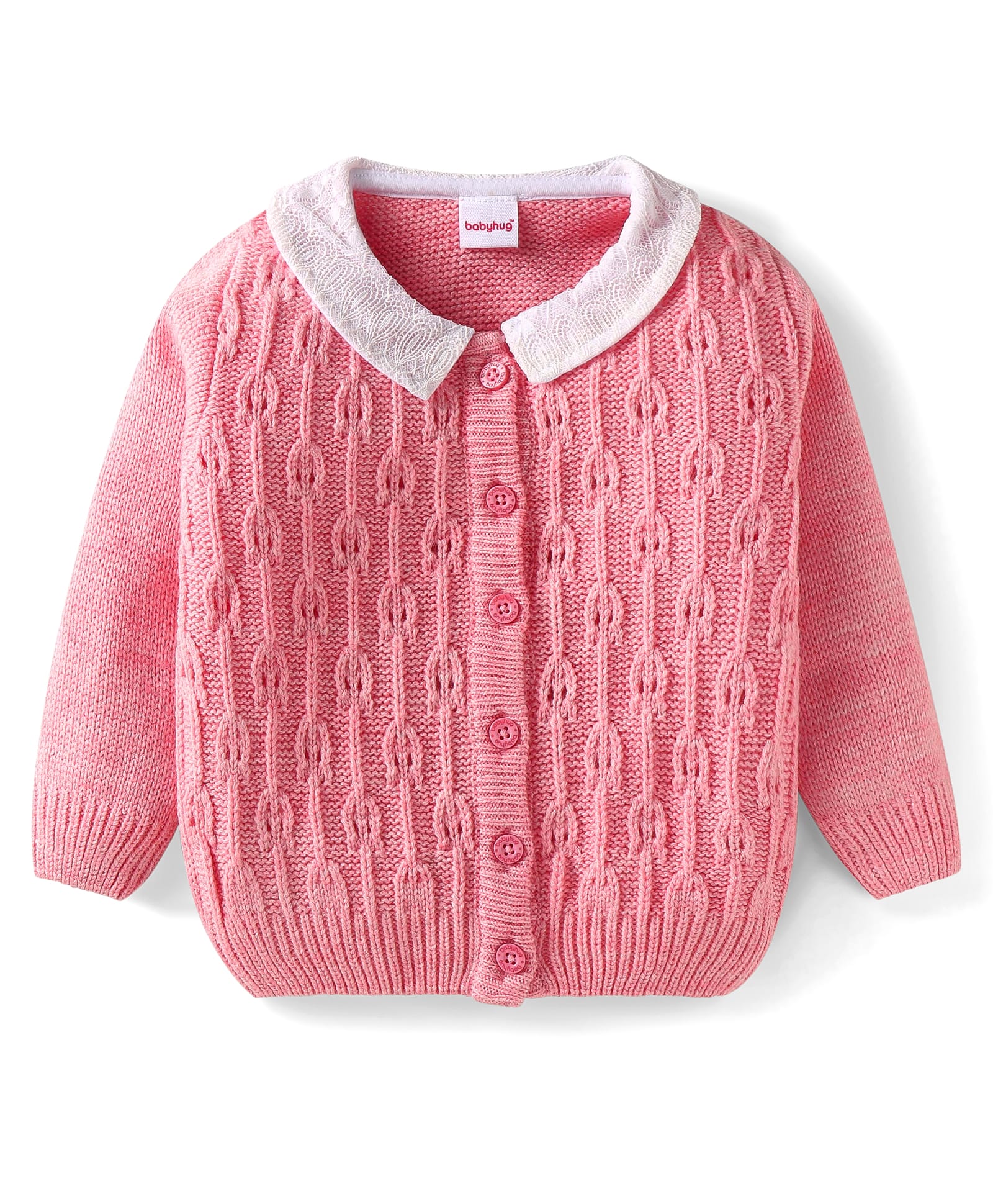 Babyhug Knitted Full Sleeves Front Open Sweater With Peter Pan Collar & Cable Knit Design - Pink-picture-26
