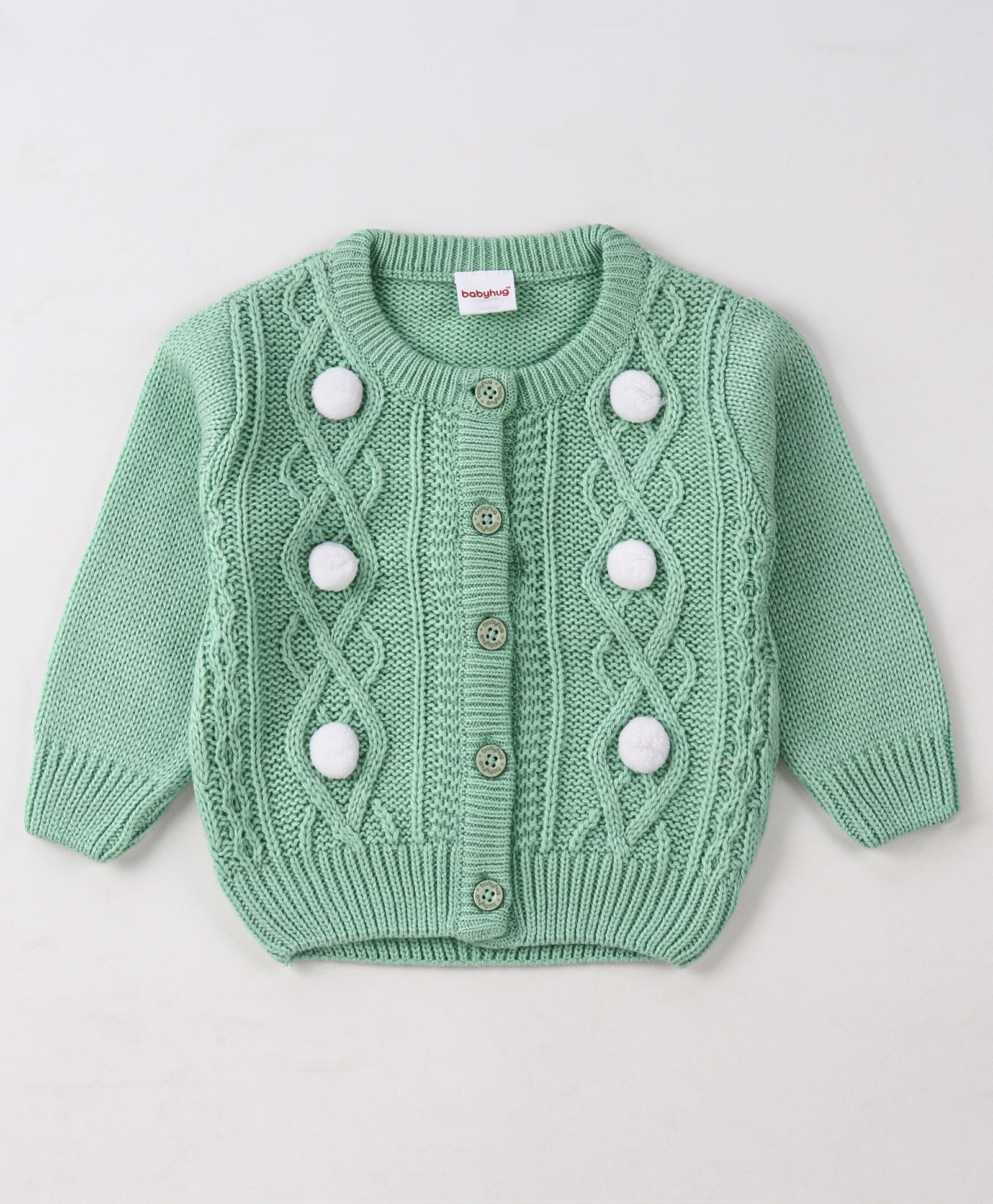 Babyhug Knitted Full Sleeves Front Open Sweater With Cable Knit Design - Mint-image-16