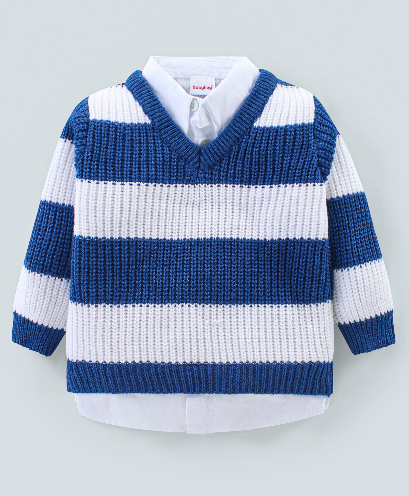 Babyhug Knitted Full Sleeves Collar Neck Pullover Sweater with Stripes Design - White & Blue-picture-19