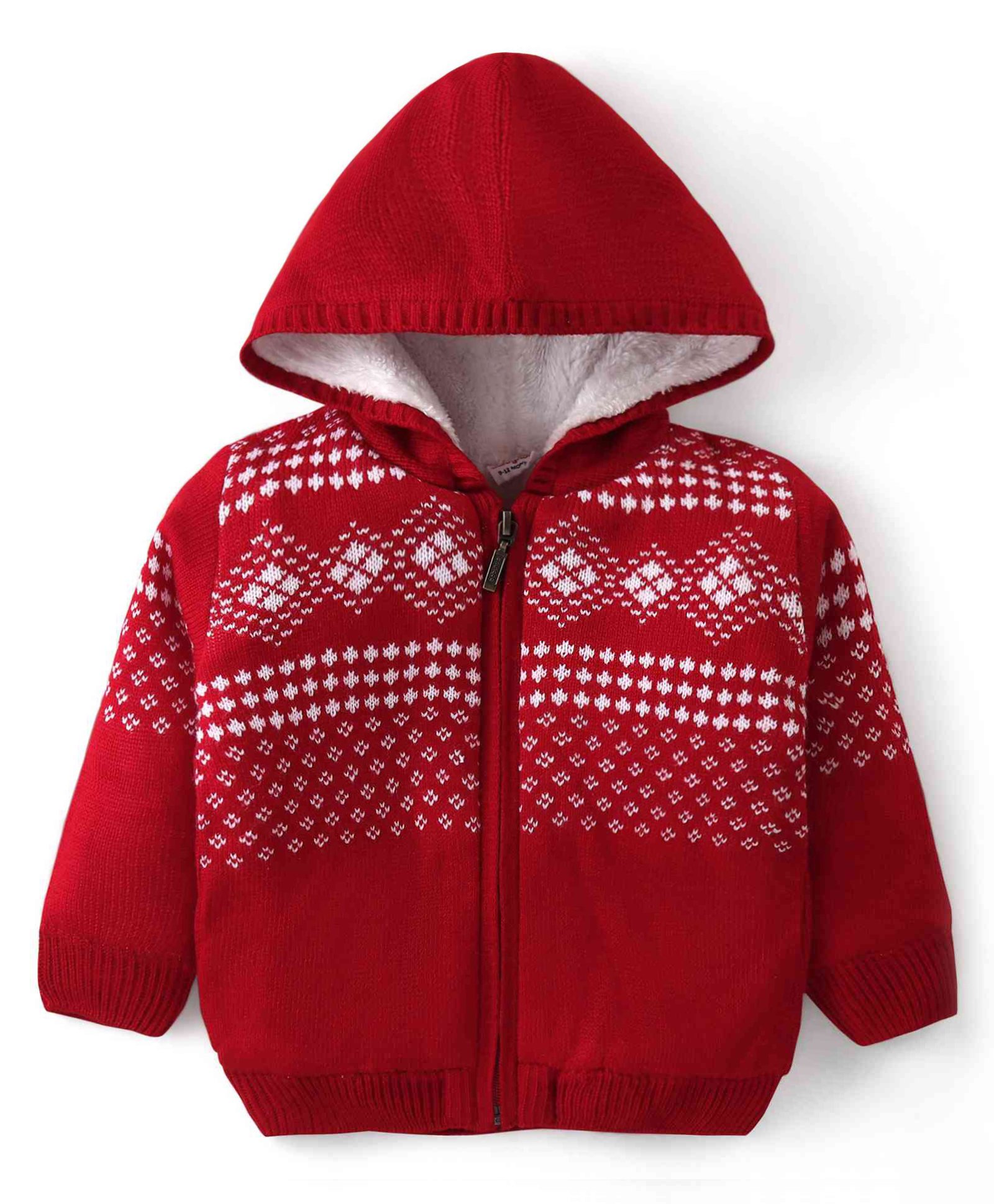 Babyhug Knit Full Sleeves Hooded Sweater Aztec Design - Red-image-24