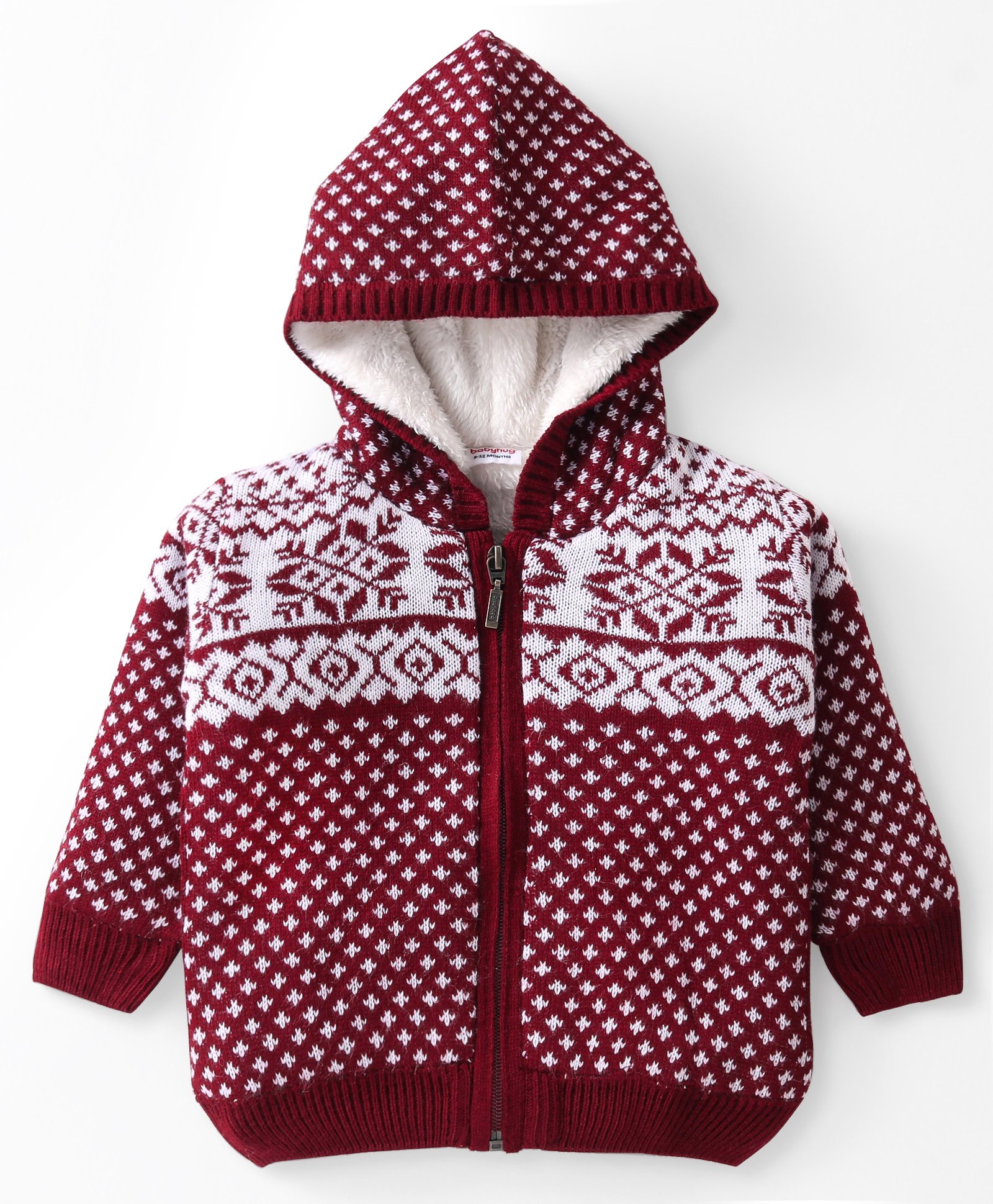 Babyhug Knitted Full Sleeves Front Open Hooded Sweater With Aztec Design - Red-image-18