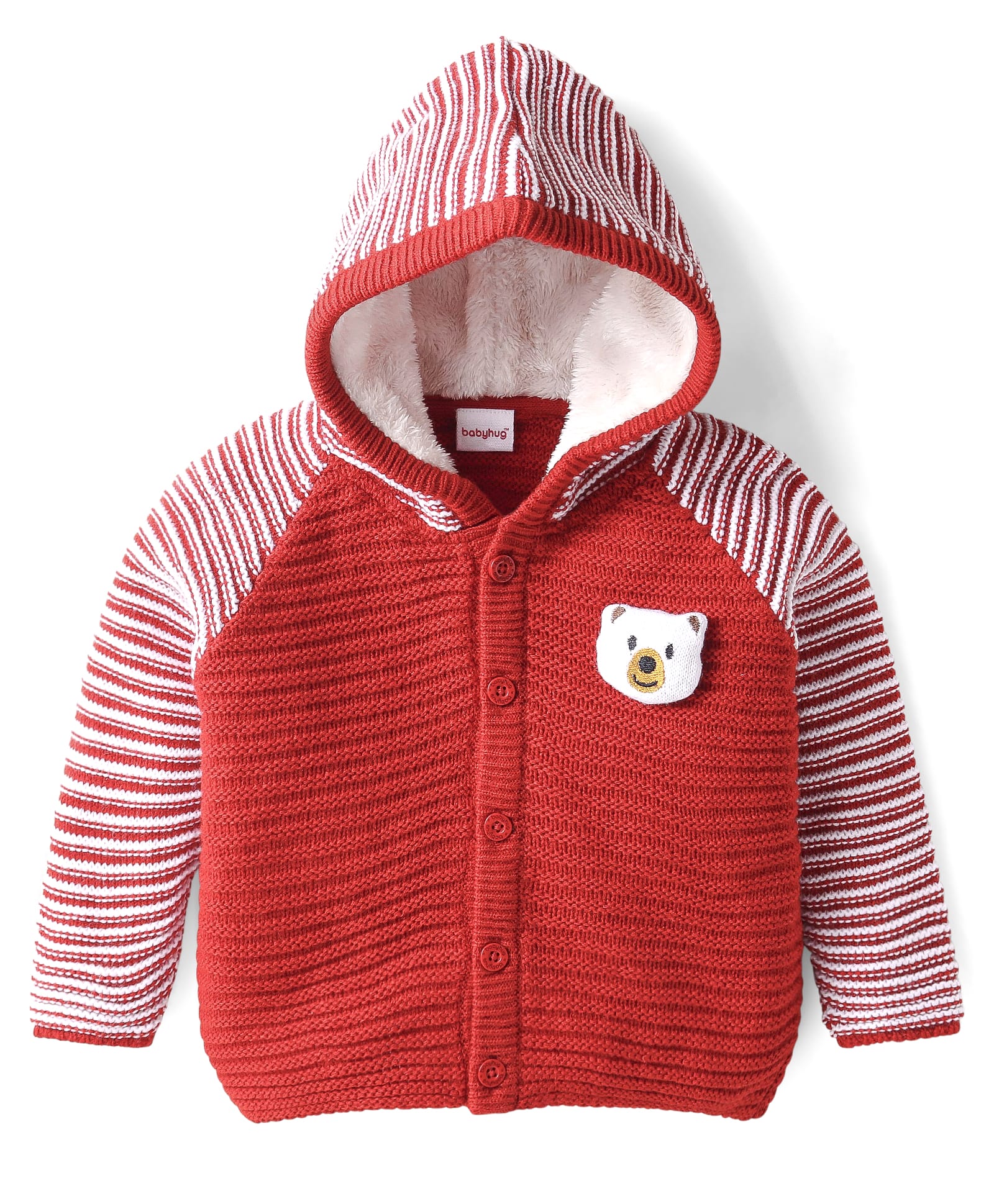 Babyhug Knitted Full Raglan Sleeves Front Open Hooded Sweater With Cable Knit Design - Red-picture-17