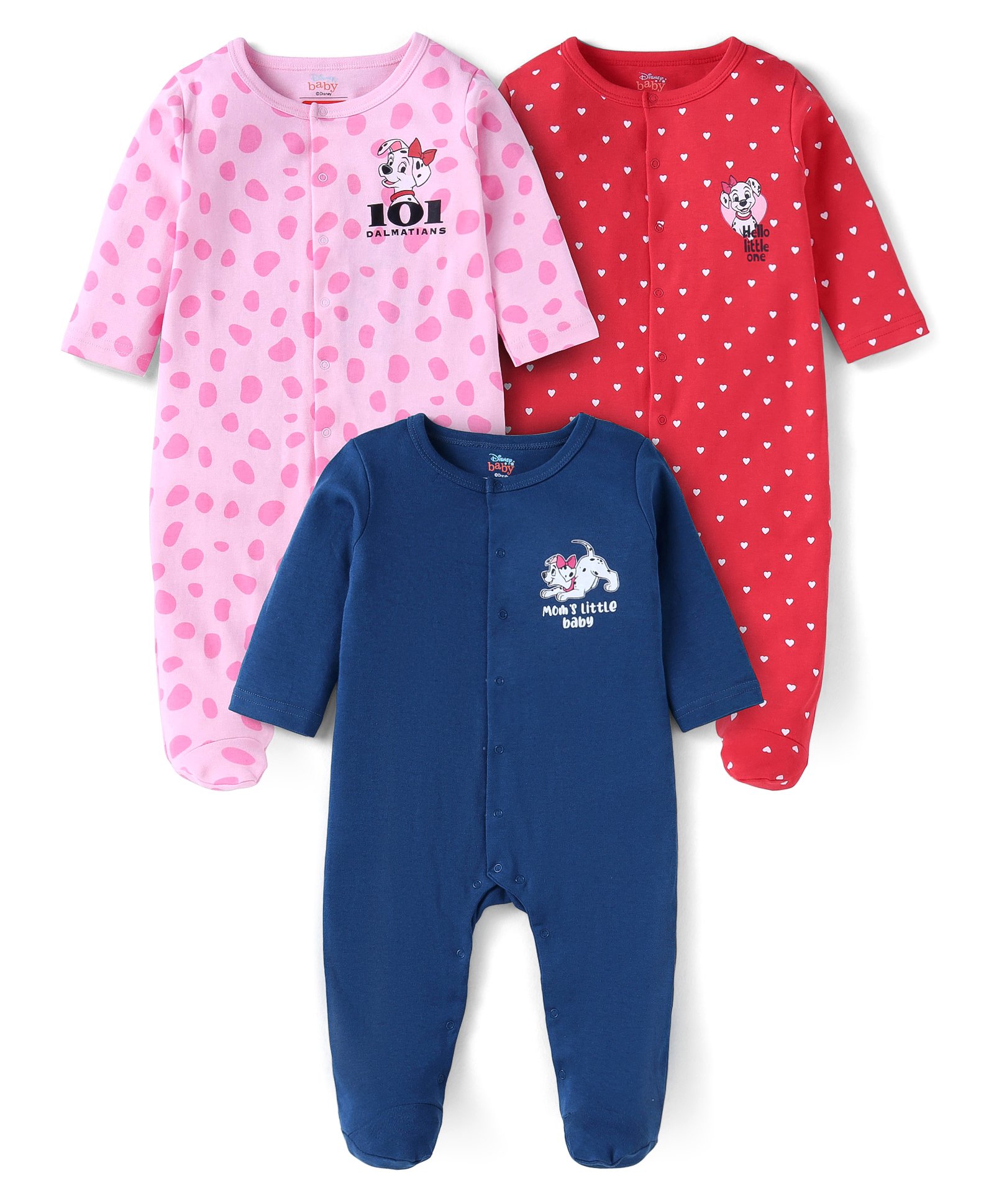 Babyhug Disney Interlock Knit Full Sleeves Footed Sleep Suits with 101 Dalmatians Graphics Pack of 3 - Red Navy & Pink-image-40