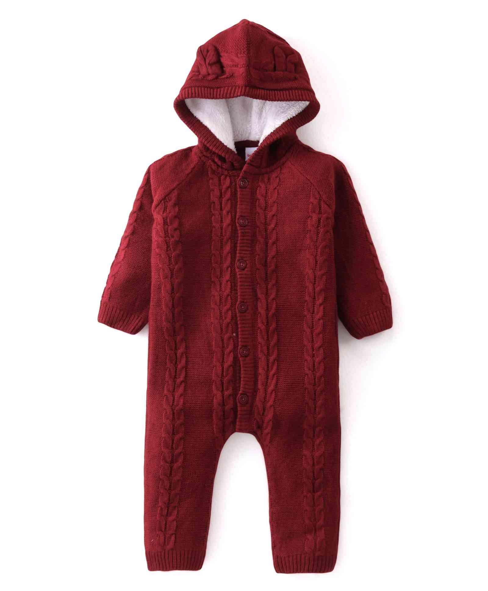 Babyhug Knit Full Sleeves Hooded Romper - Maroon-image-46