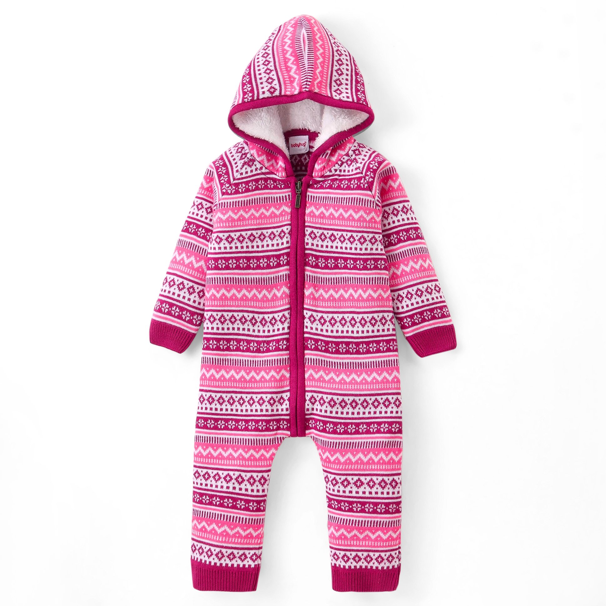 Babyhug Knit Full Raglan Sleeves Winter Wear Hooded Romper with Chevron Design - Pink-image-46