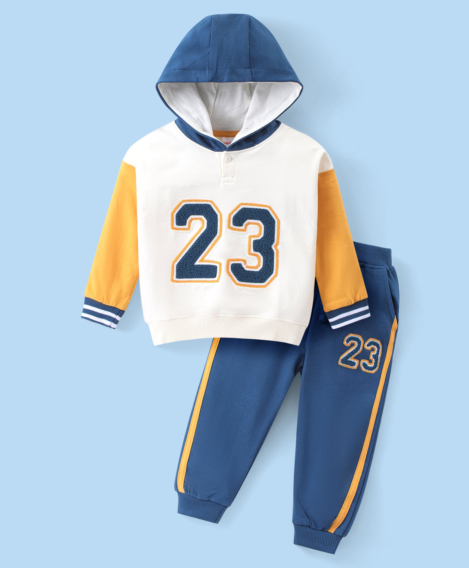 Babyhug Cotton Knit Full Sleeves Hooded T-Shirt & Lounge Pants Set With Number Print - White & Blue-image-45