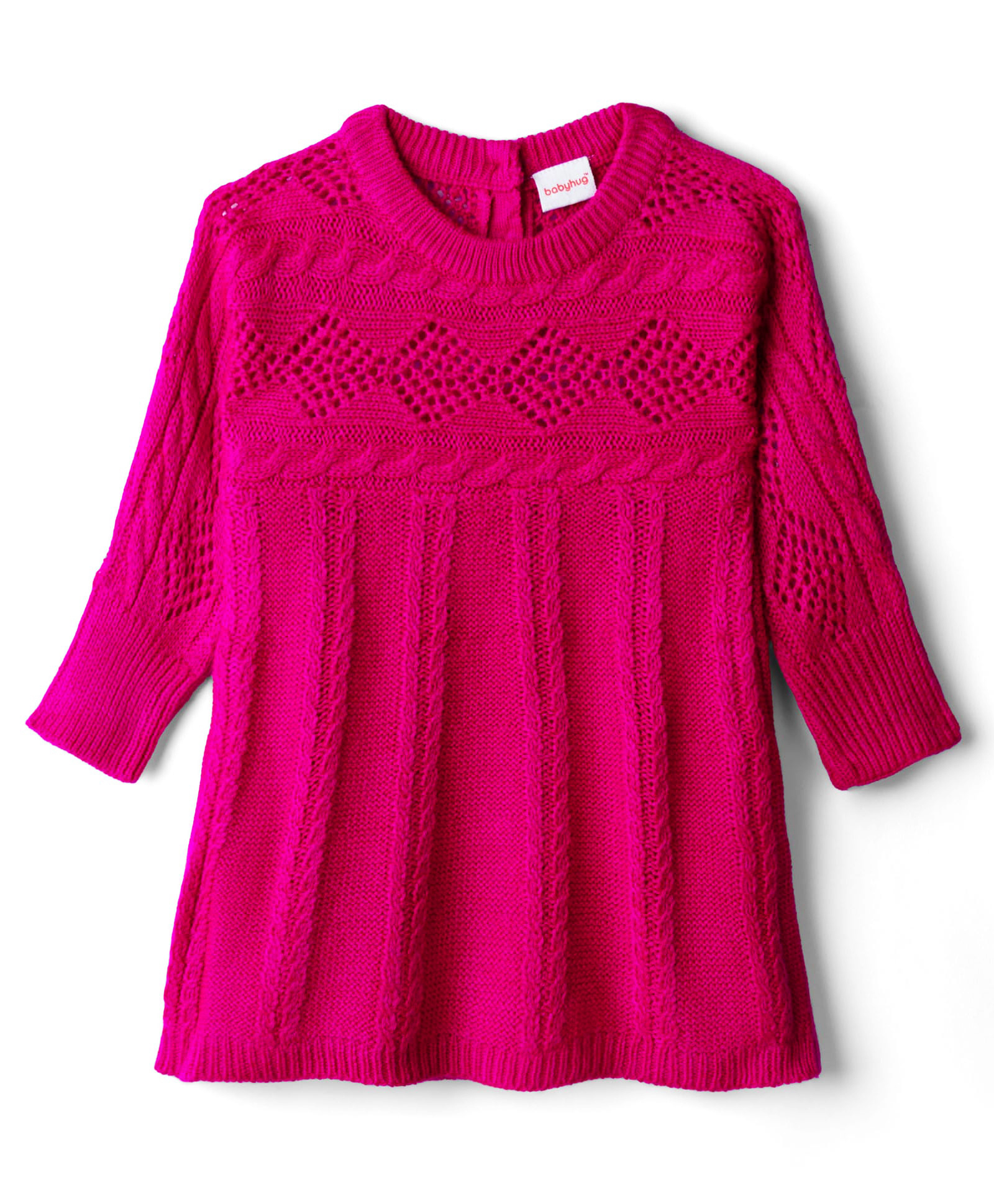 Babyhug Knitted Full Sleeves Woollen Dress With Cable Knit Design - Fuchsia-image-5