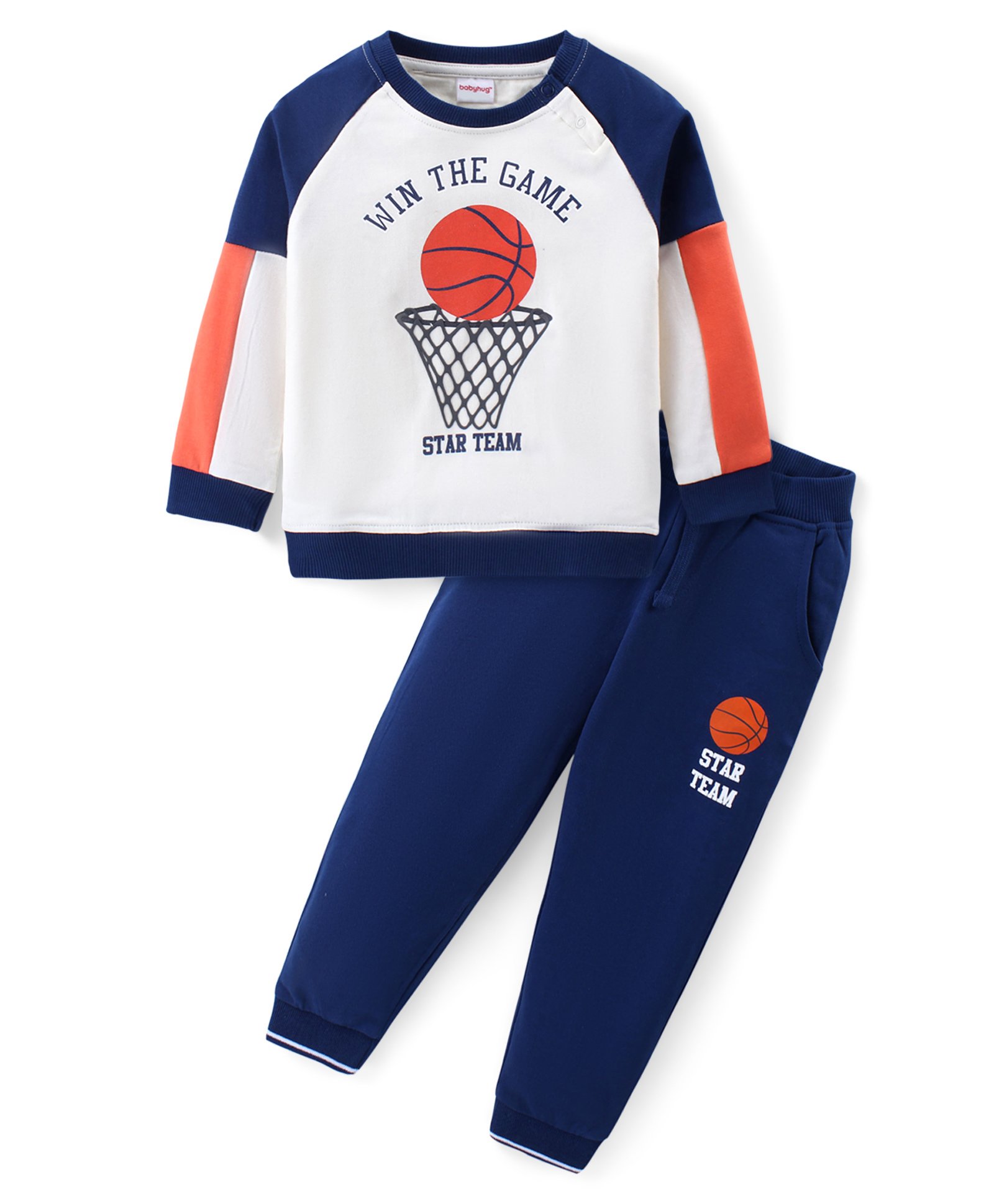 Babyhug Cotton Knit Full Sleeves Color Block T-Shirt & Lounge Pants Set With Basketball Print - White & Blue-image-45