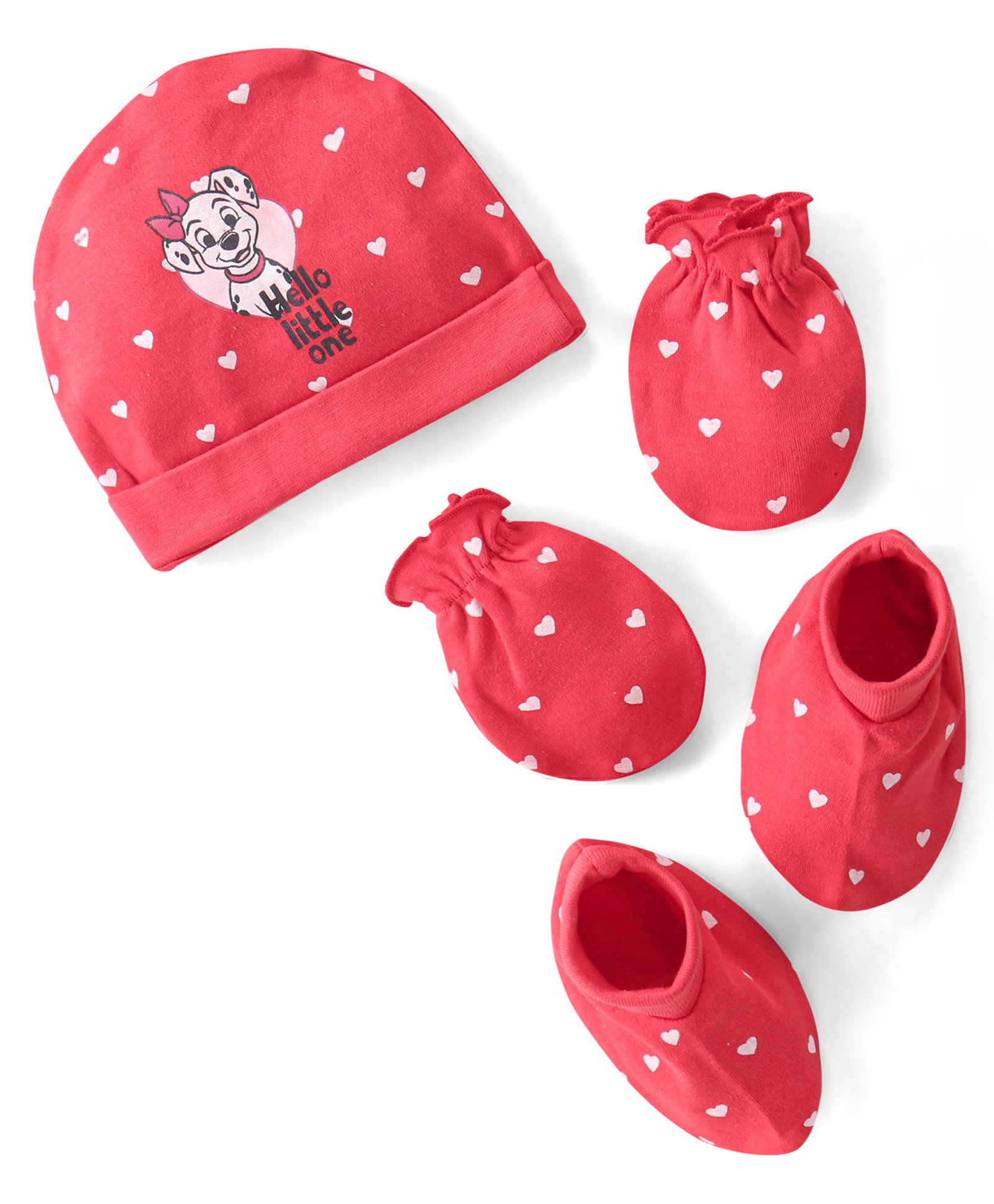 Babyhug Disney Interlock Knit Cap Mittens & Booties with 101 Dalmatians Print - Red-picture-22