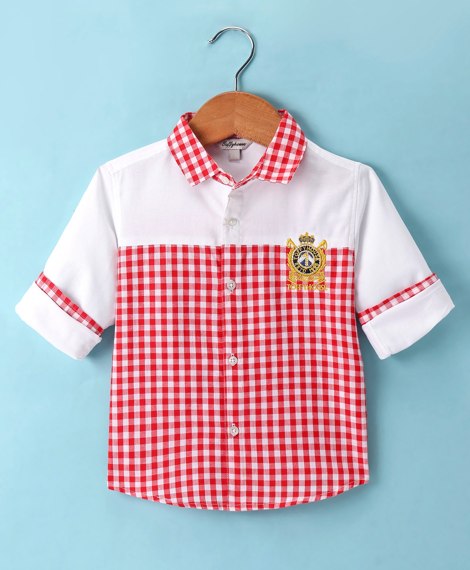 ToffyHouse 100%  Woven Cotton Yarn Dyed Full Sleeves Regular Collared Checkered Shirt With Embroidery - Red-picture-48