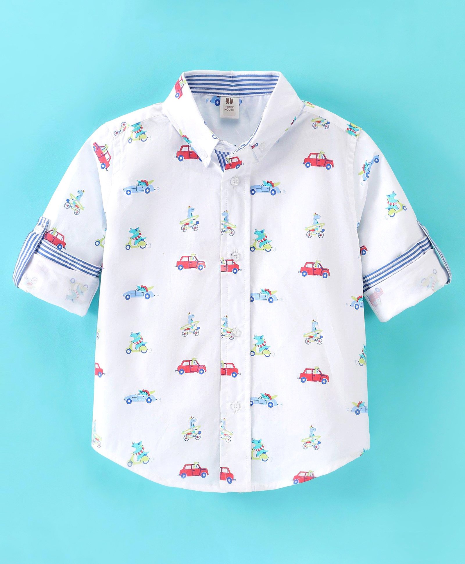 ToffyHouse 100% Woven Cotton Poplin Full Sleeves Shirt with Vehicle Print - White-picture-11