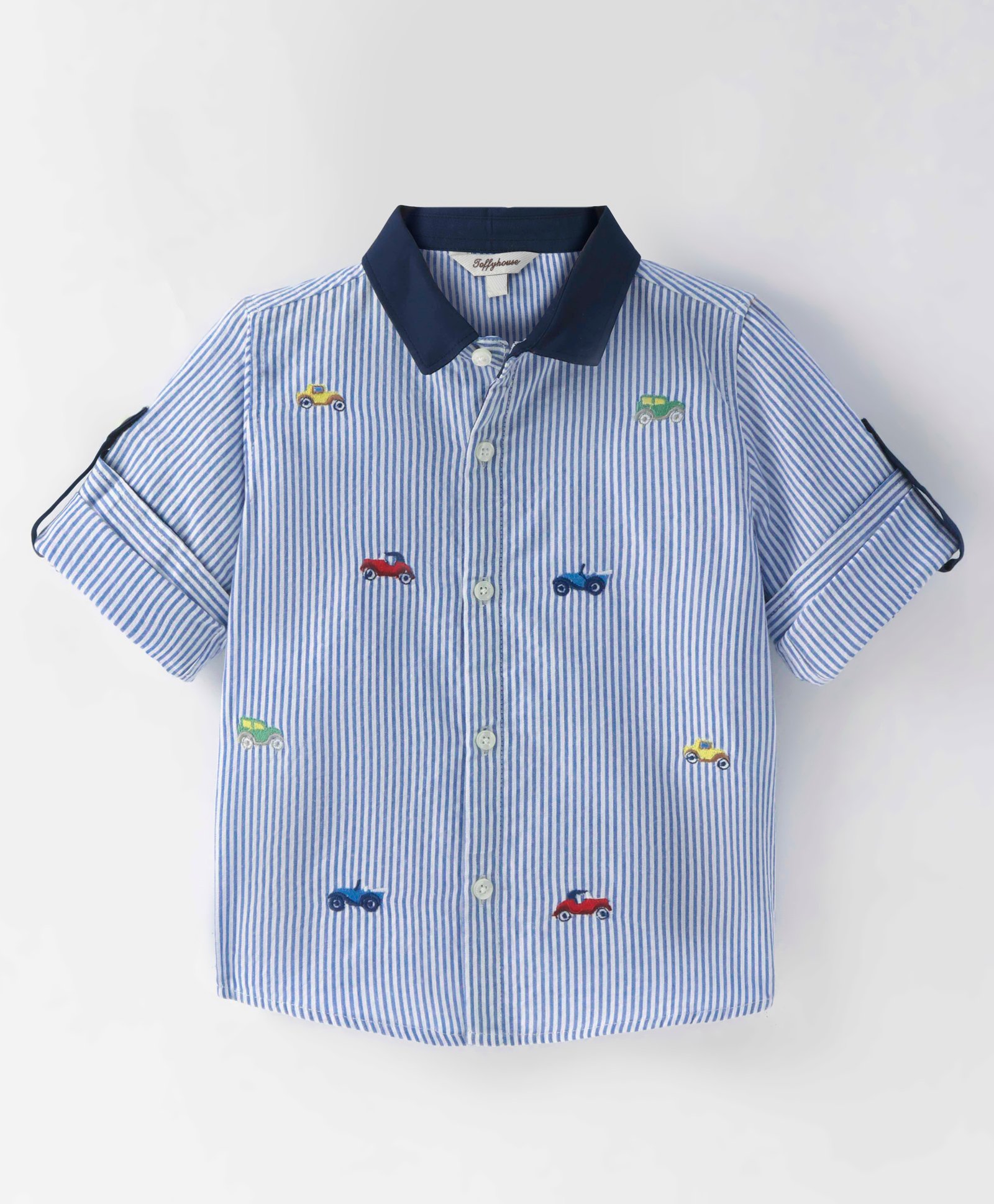 ToffyHouse 100% Woven Cotton Yarn Dyed Striped Full Sleeves Regular Collar Shirt  with Car Embroidery - Blue-image-15