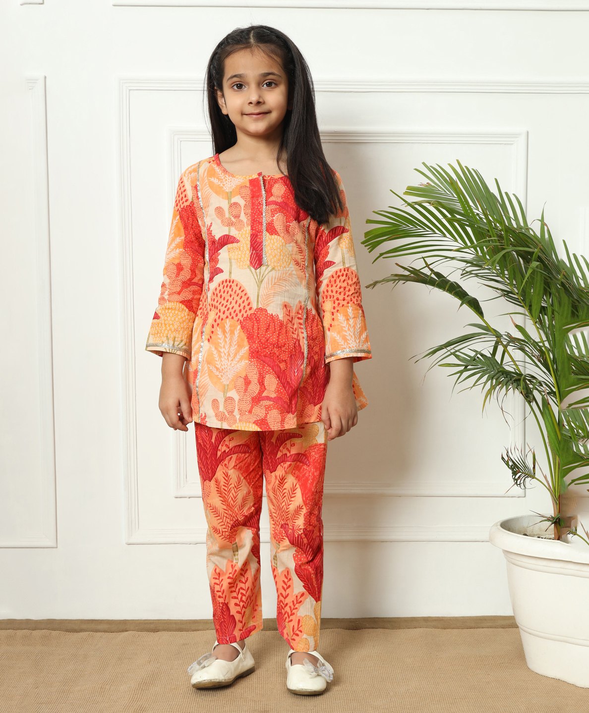 READIPRINT Full Sleeves Floral Printed With Gota Lace Embellished Coordinating Kurta & Pant Set - Red-picture-0