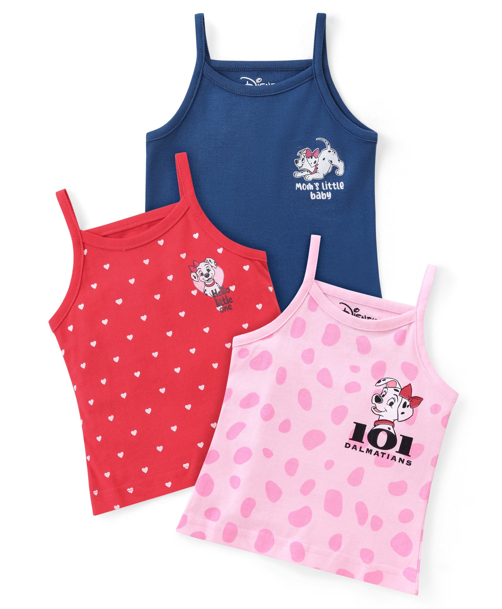 Babyhug Disney Cotton Knit Singlet Sleeves Slips with Heart & 101 Dalmatians Graphics Pack of 3 - Red Pink & Navy Blue-image-45