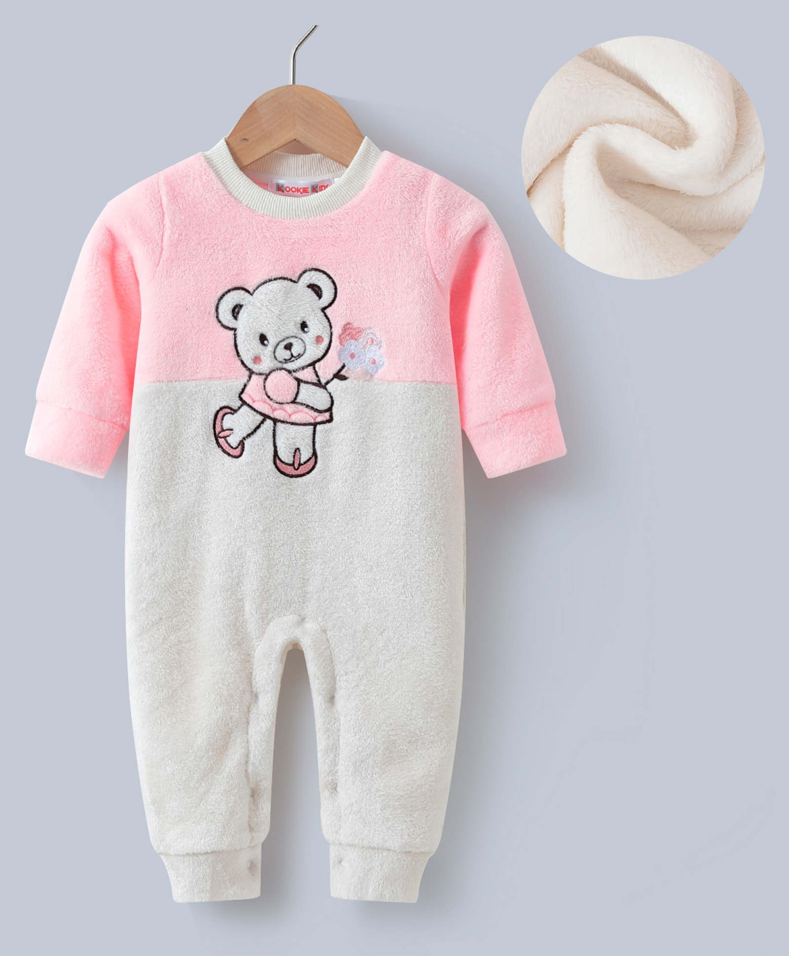 Kookie Kids Full Sleeves Winter Wear Romper with Bear Embroidery - Pink & White-picture-19
