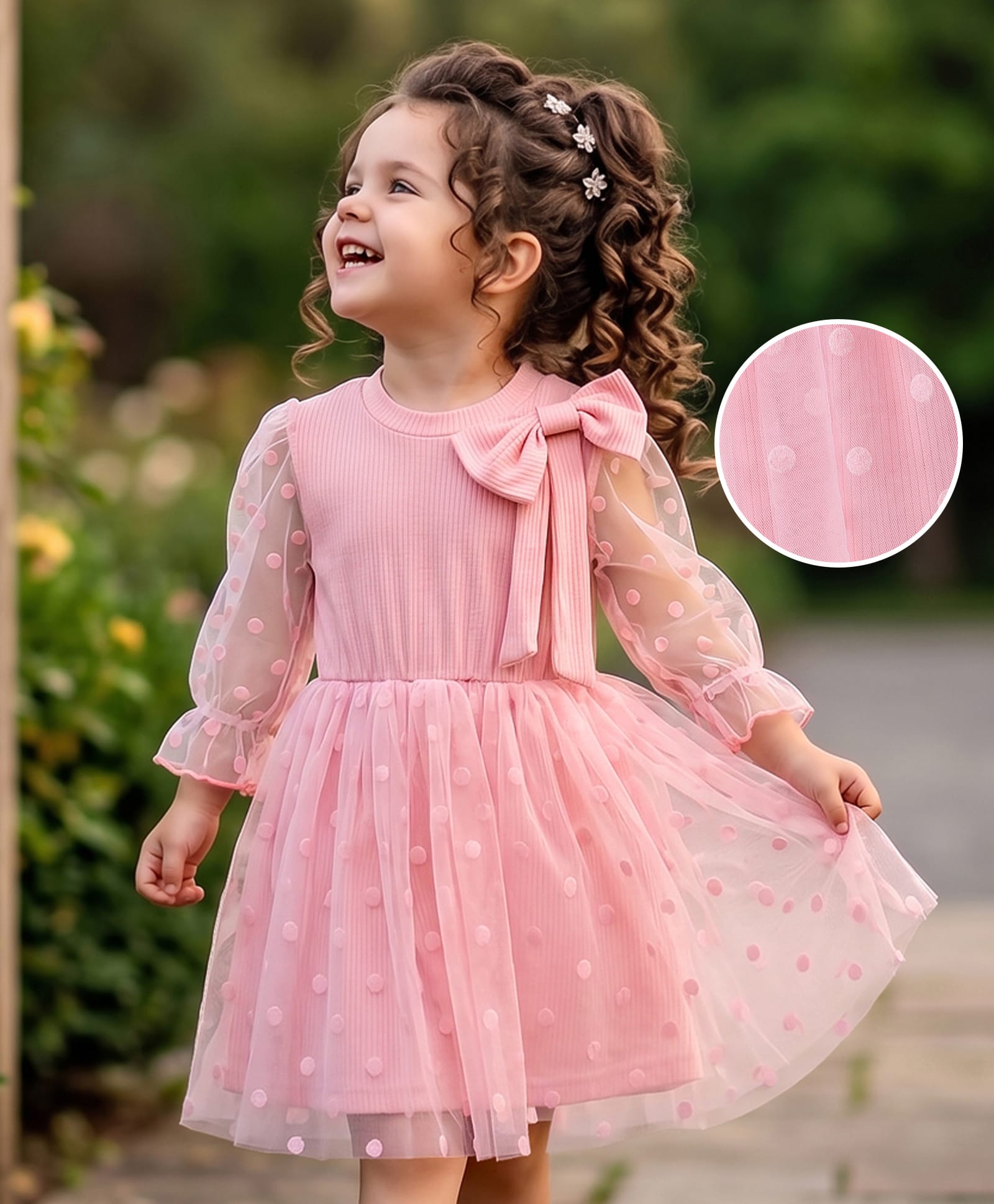 Kookie Kids Full Peasant Sleeves Net Party Dress with Bow Applique - Pink-image-39
