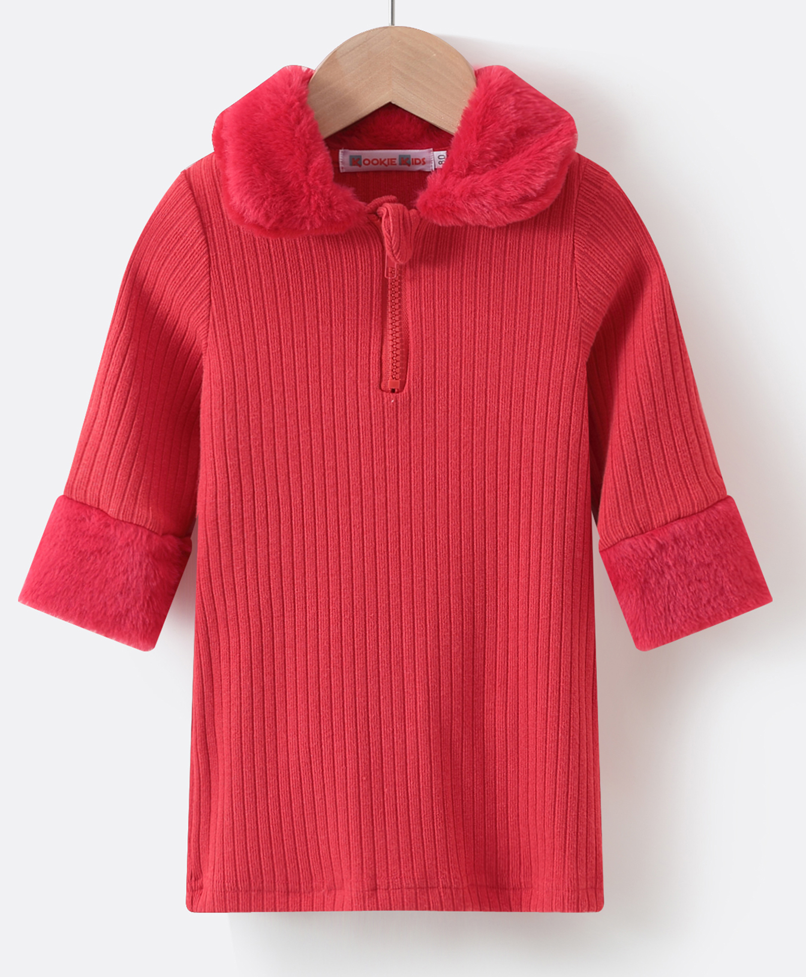 Kookie Kids Full Sleeves Winter Wear Frock - Red-picture-34