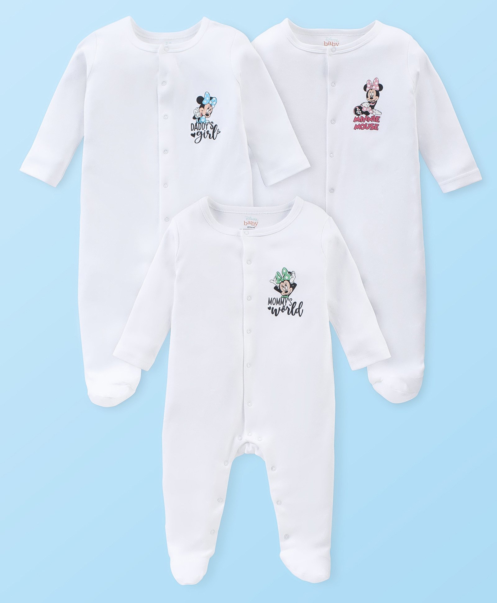 Babyhug Disney Cotton Knit Full Sleeves Footed Sleep Suits with Minnie Mouse Graphics Pack of 3 - White-picture-11