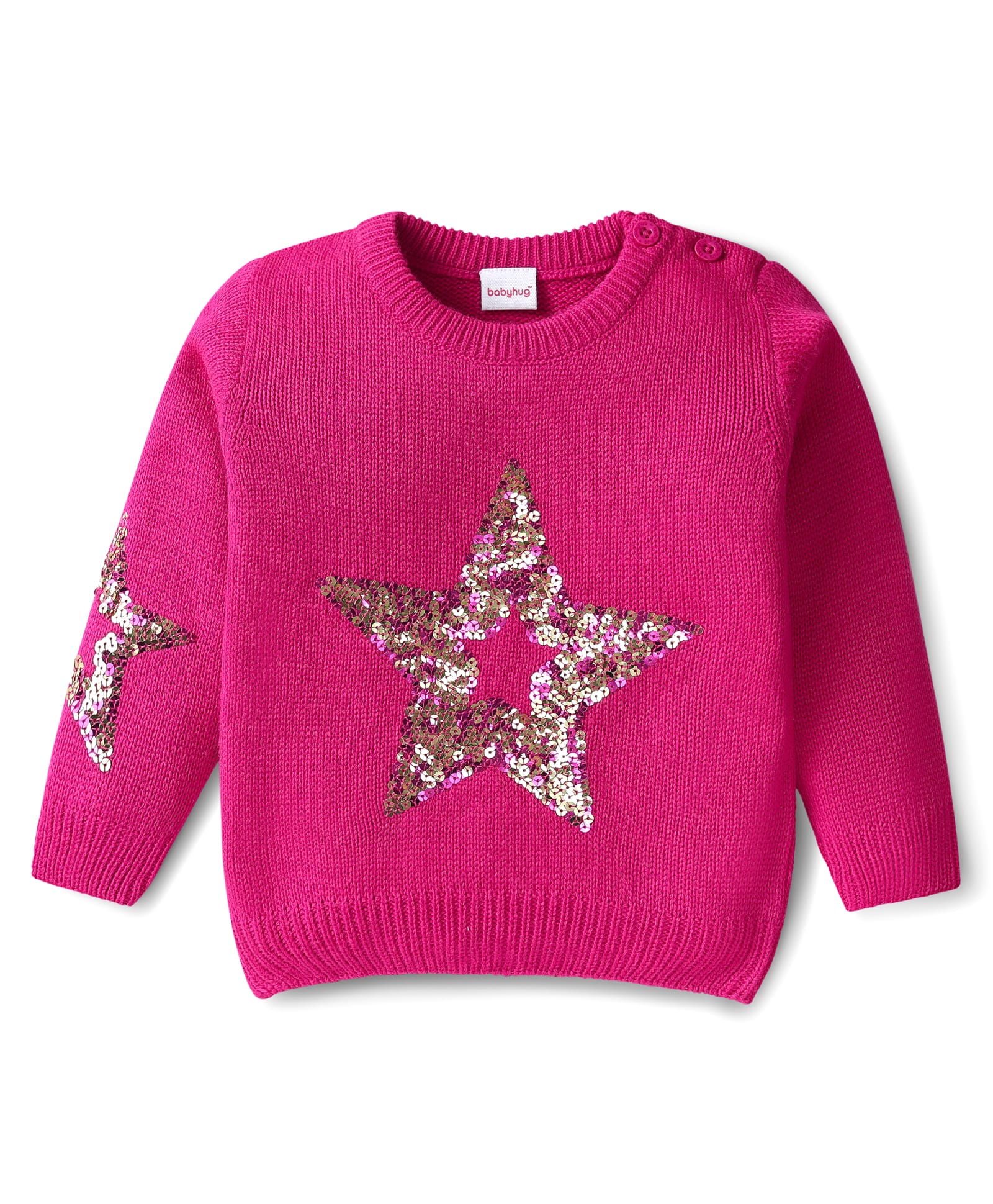 Babyhug Knitted Full Sleeves Sweater With Sequin Detailing - Dark Pink