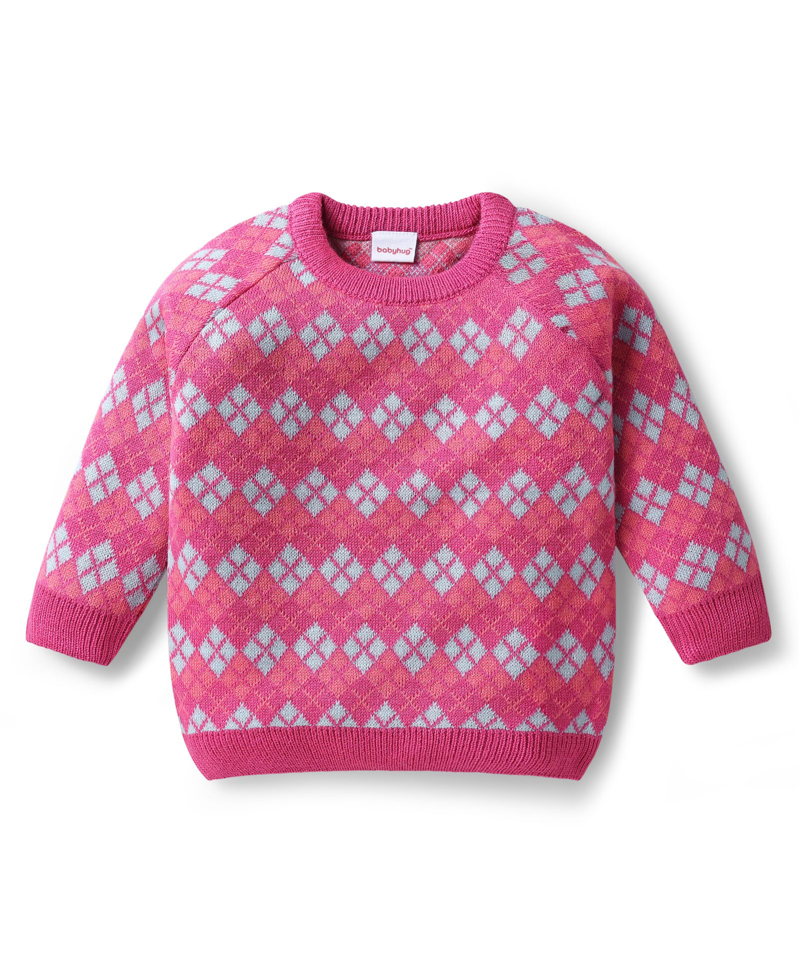 Babyhug Knitted Full Raglan Sleeves Pullover Sweater With Argyle Design - Pink-image-36