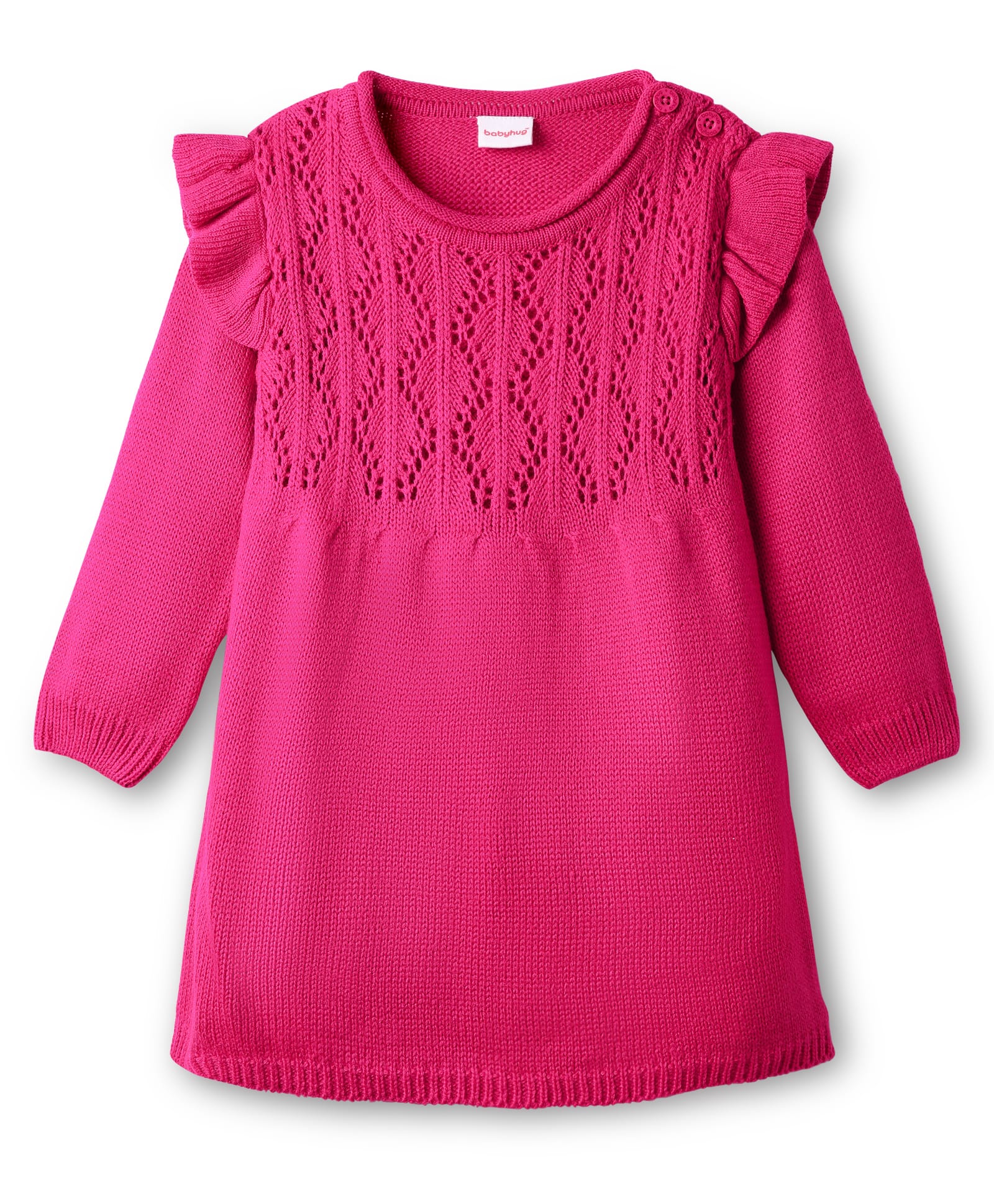 Babyhug Knit Full Sleeves Woollen Dress With Frill Detailing - Fuchsia-image-6