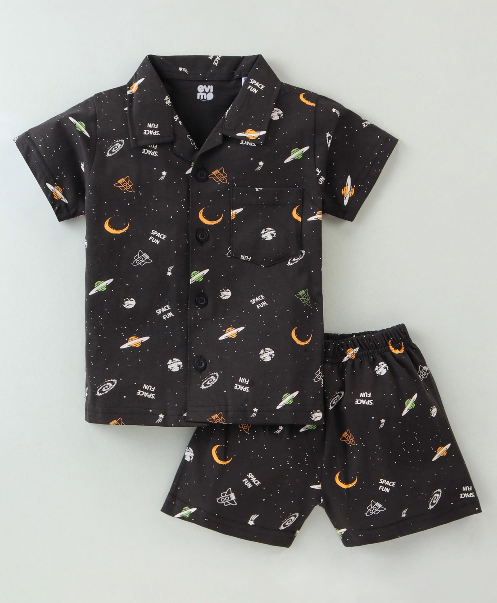 Evimo Single Jersey Knit Half Sleeves  Shorts Set with UFO & Moon Print - Charcoal-picture-11
