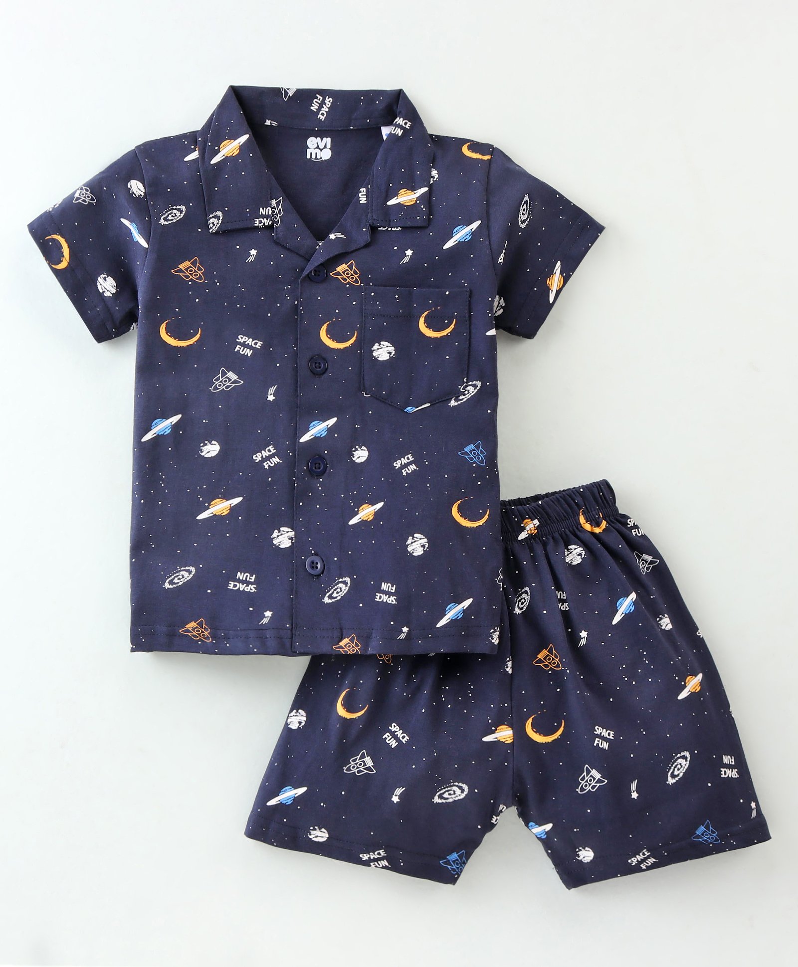 Evimo SIngle Jersey Knit Half Sleeves Night Suit With Space Print - Navy-picture-13