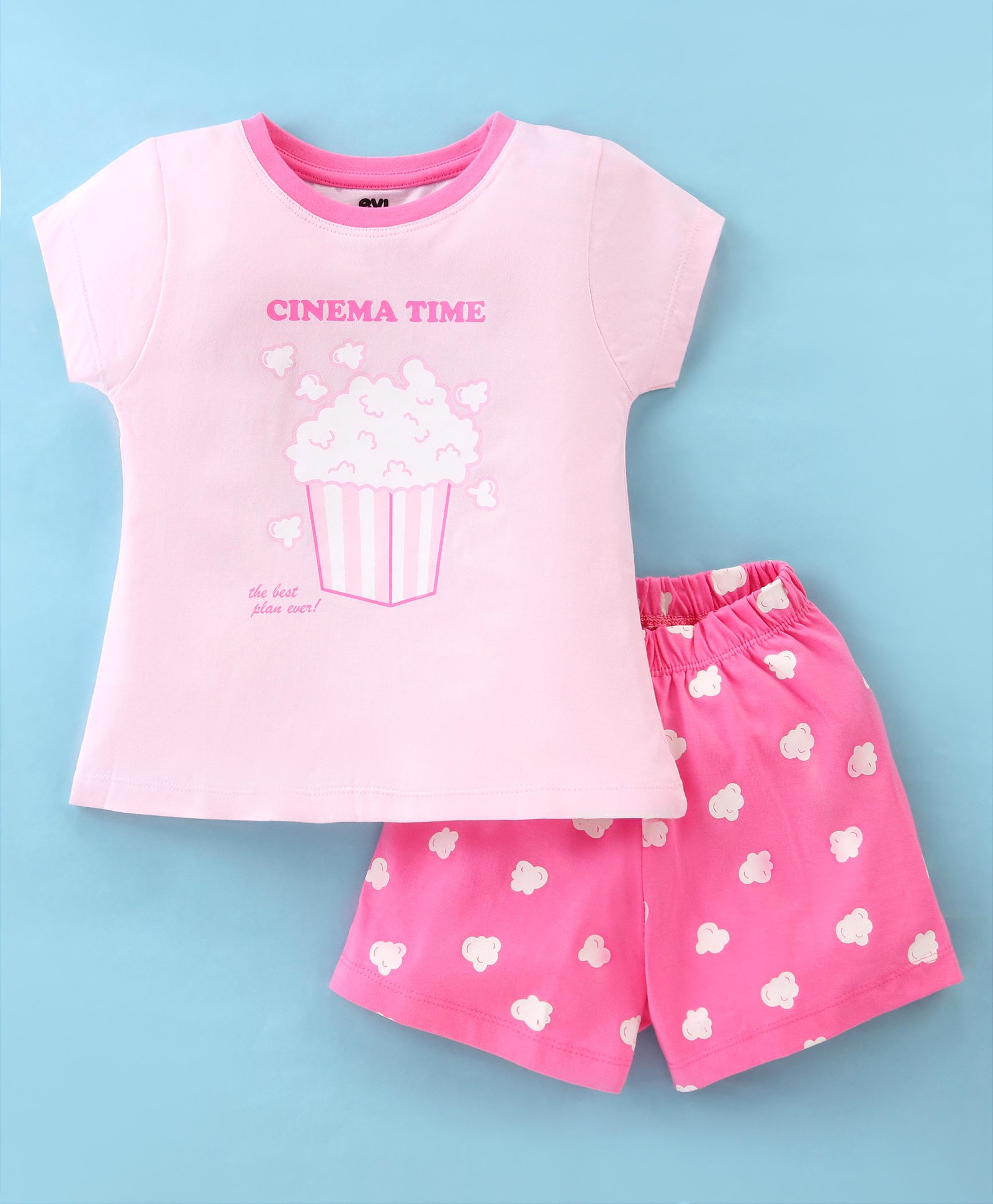 Evimo Single Jersey Knit Half Sleeves Night Suit With Popcorn Print - Pink-picture-24