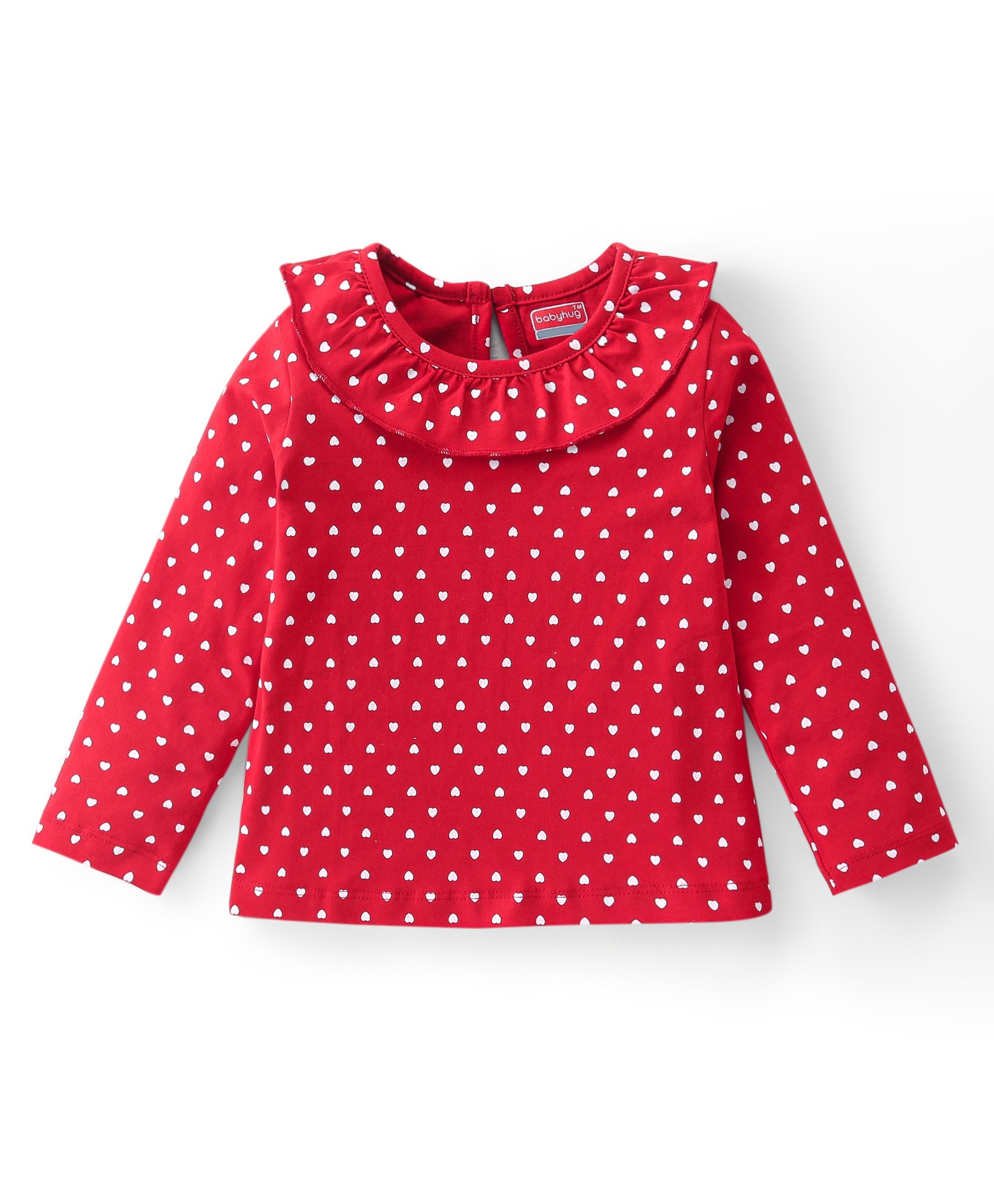 Babyhug Cotton Knit Full Sleeves Top with Hearts Print & Frill Detailing - Red-image-28