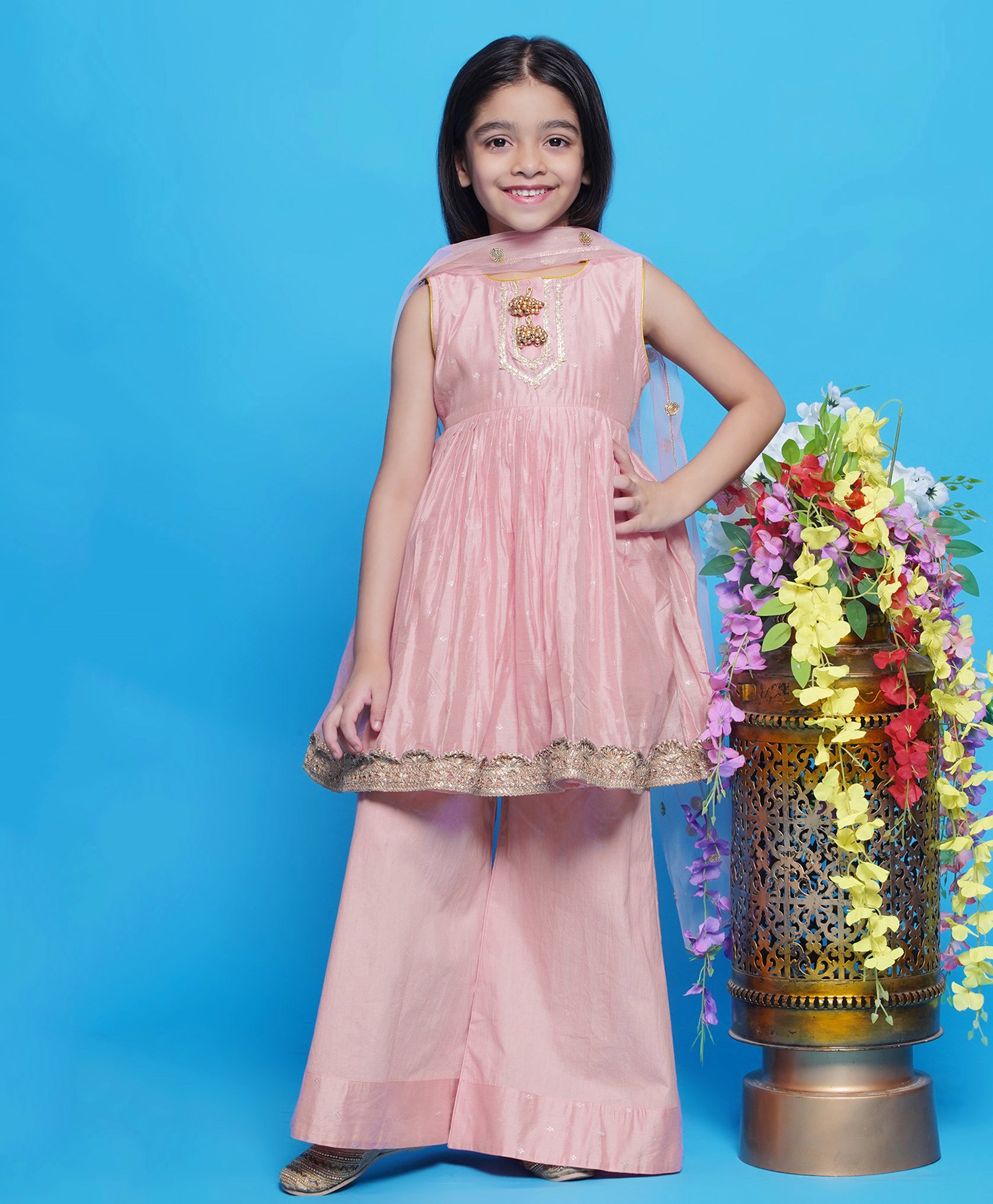 Little Bansi Sleeveless Boota Lace & Tassel Work Embellished Kurta With Palazzo Dupatta - Pink-image-15