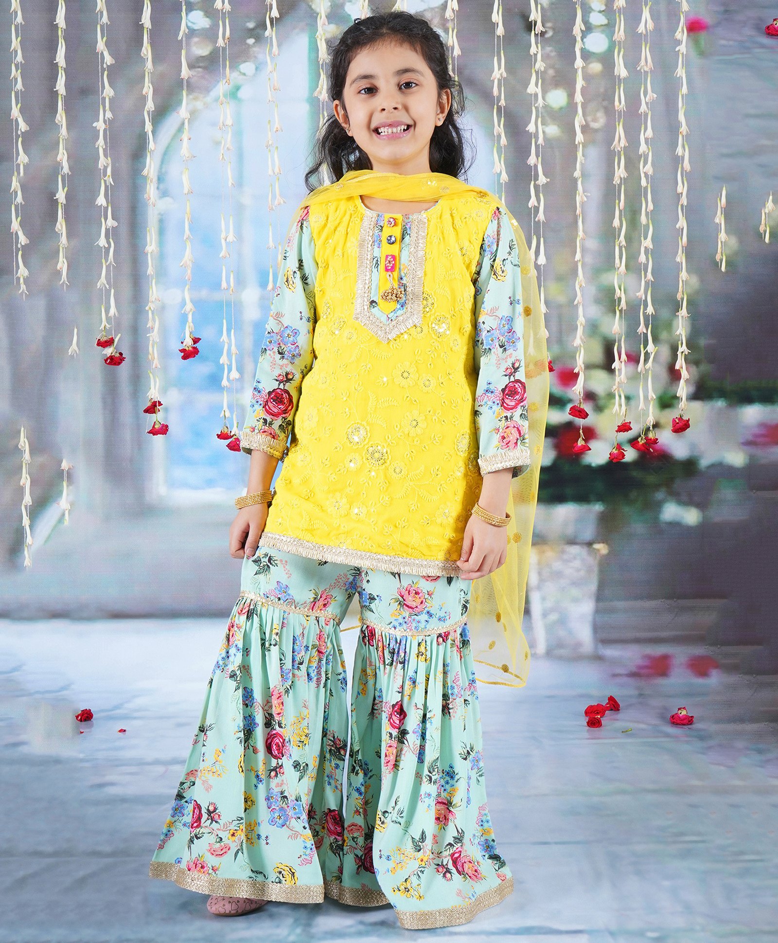 Little Bansi Full Sleeves Floral Printed & Embroidered Kurta Sharara With Dupatta - Yellow & Green-image-44