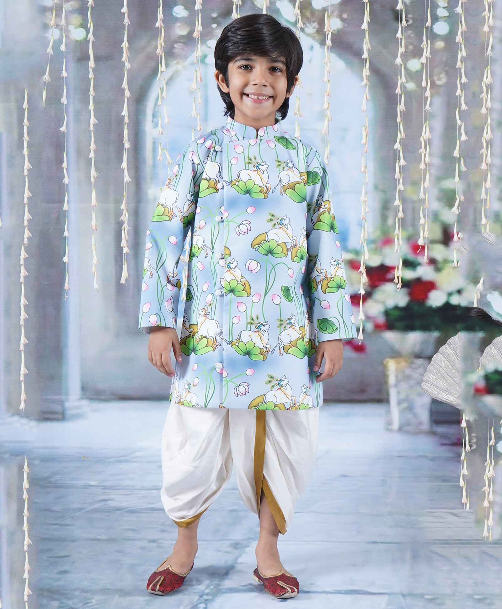 Little Bansi Full Sleeves Cow & Lotus Printed Kurta With Dhoti - Sky Blue-picture-11